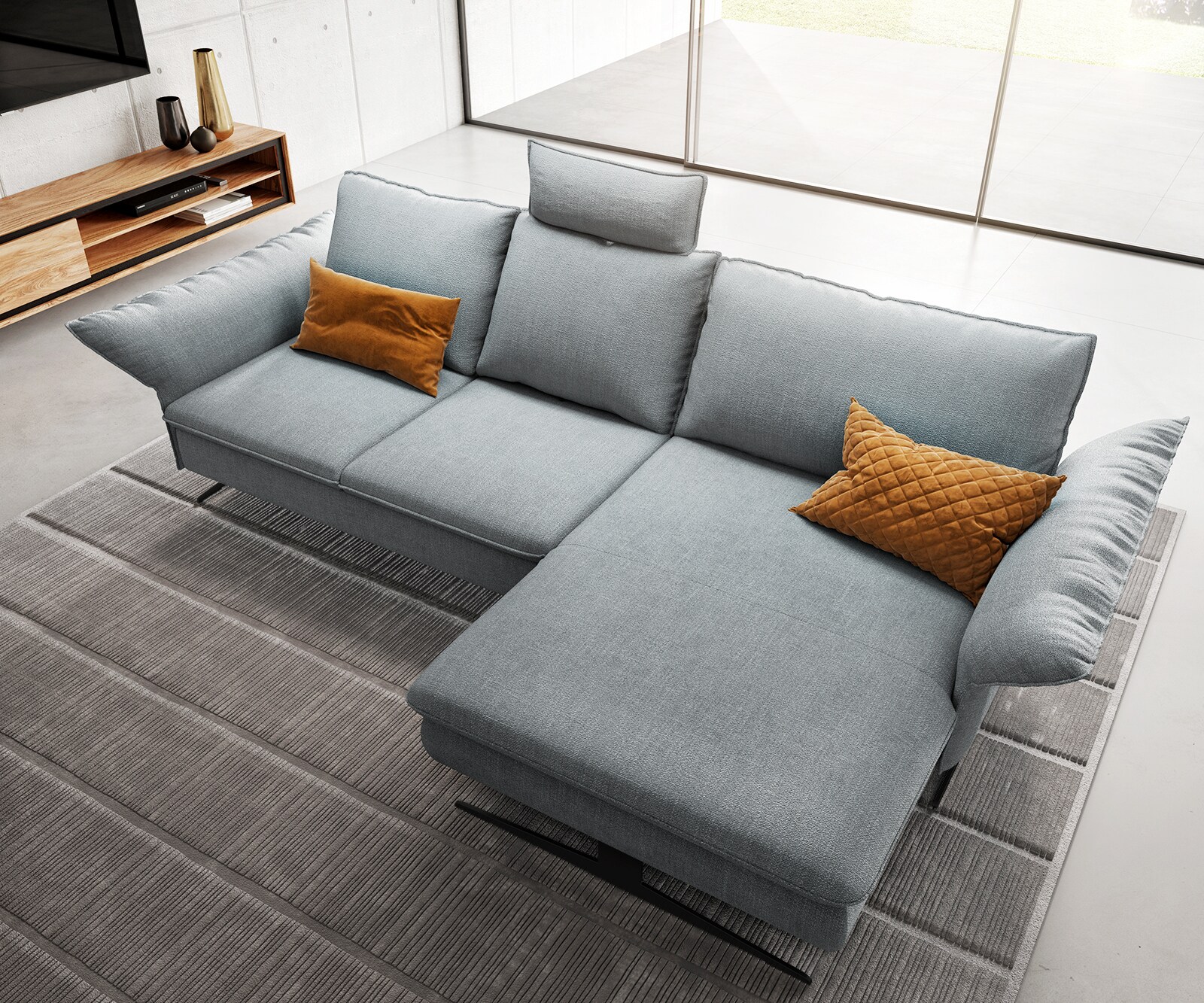 Canapé-d'angle Nerio 300 x 190 cm bleu pastel Récamière droite 6
