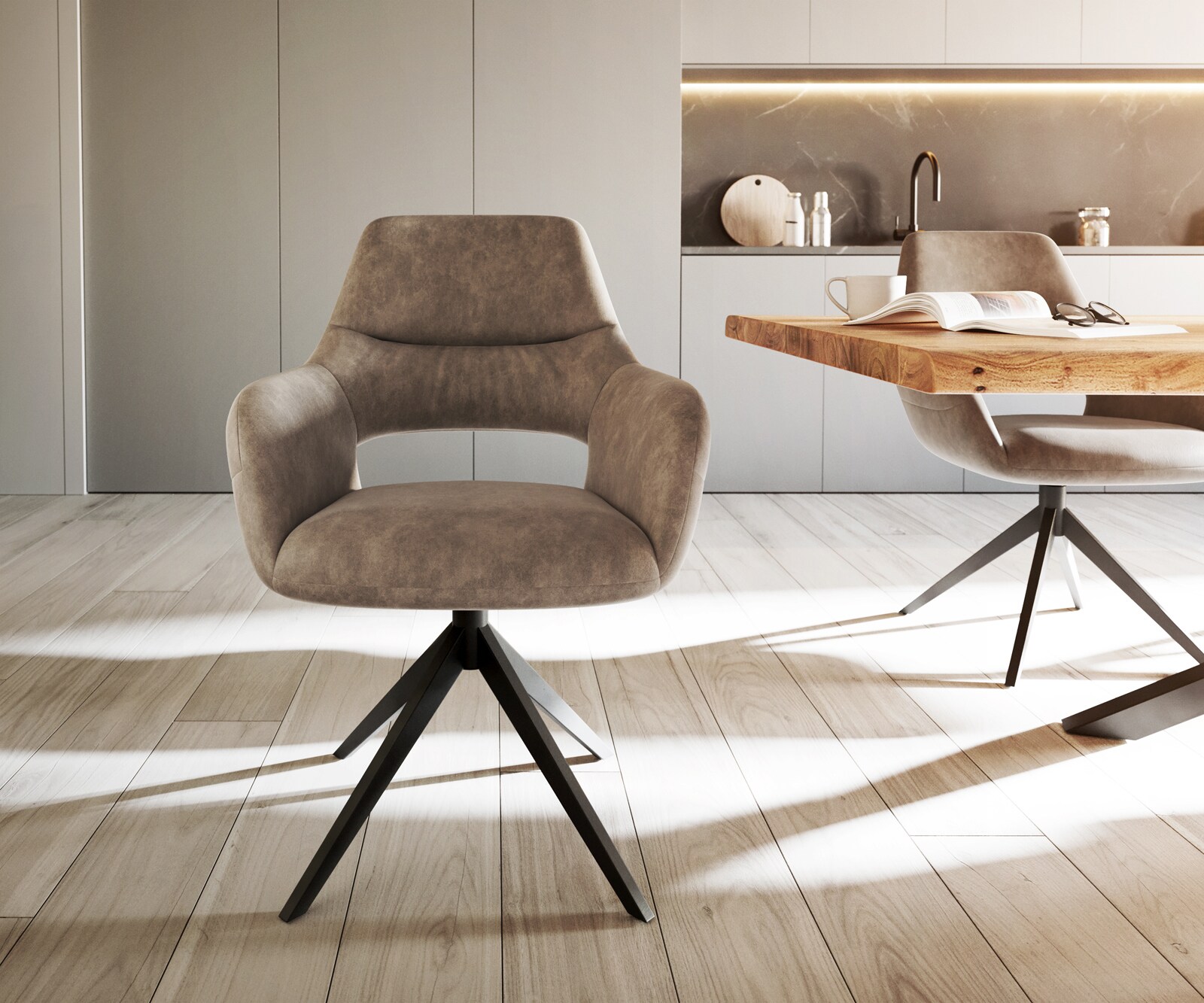 Chaise-de-salle-à-manger Yago-Flex avec accoudoirs microvelours taupe vintage pied croisé large noir ressorts ensachés 1 Chaise-de-salle-à-manger Yago-Flex avec accoudoirs microvelours taupe vintage pied croisé large noir ressorts ensachés 1