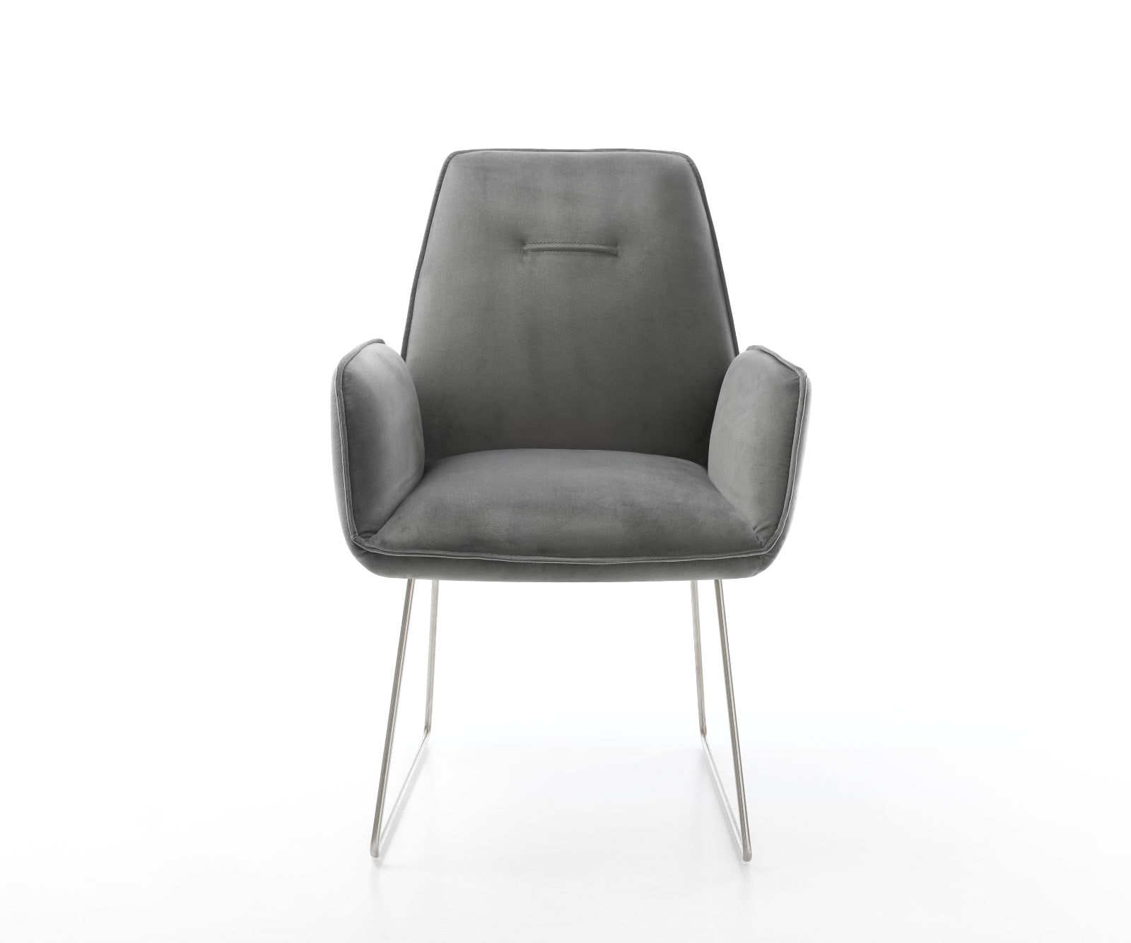 Chaise-de-salle-à-manger Zoa-Flex velours gris pied trapèze acier inoxydable brossé ressorts ensachés 1 Chaise-de-salle-à-manger Zoa-Flex velours gris pied trapèze acier inoxydable brossé ressorts ensachés 1