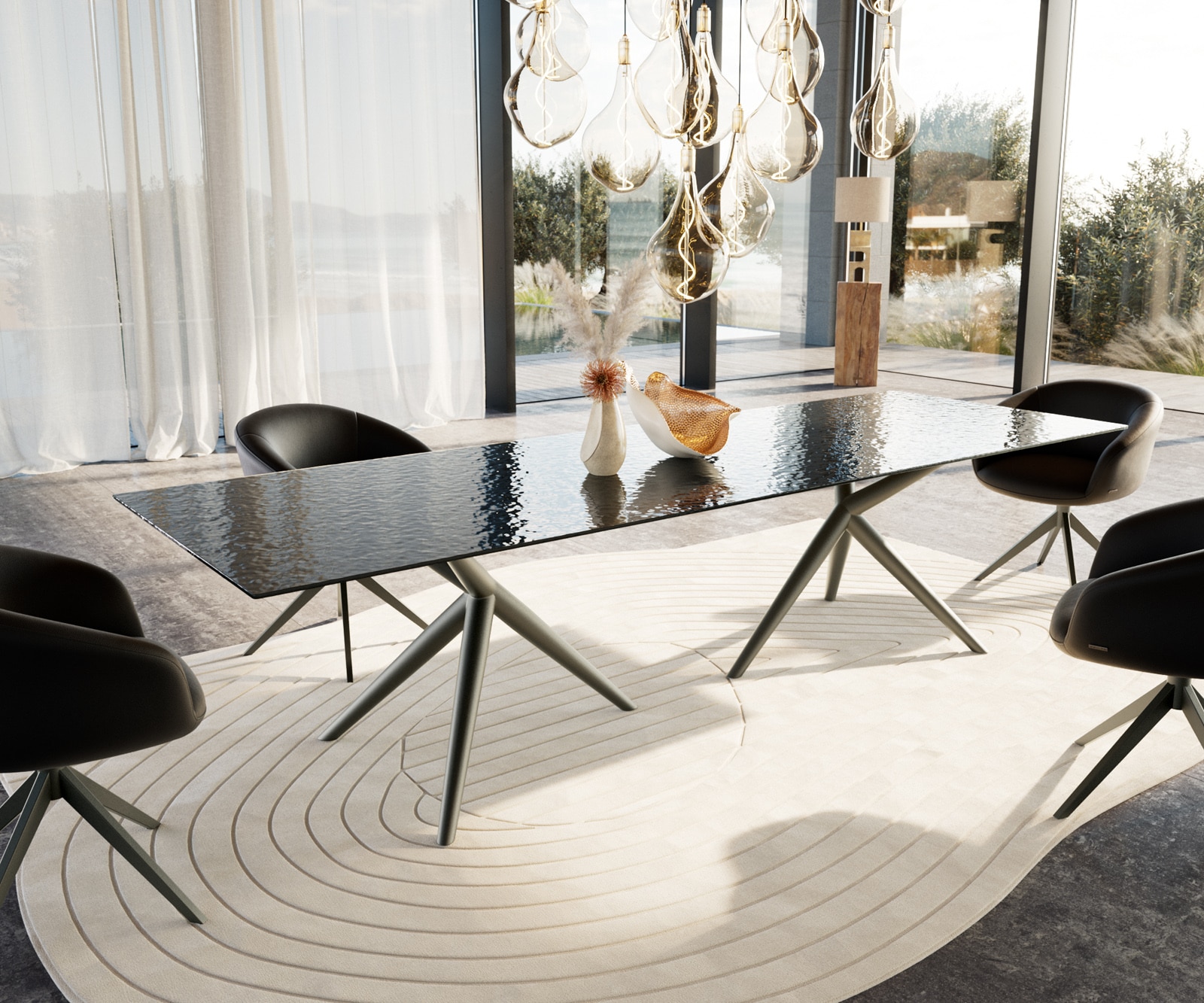 Table à manger Edge 300x100 verre en relief noir 3D-Design Estelar rond Métal finition à effet Titane