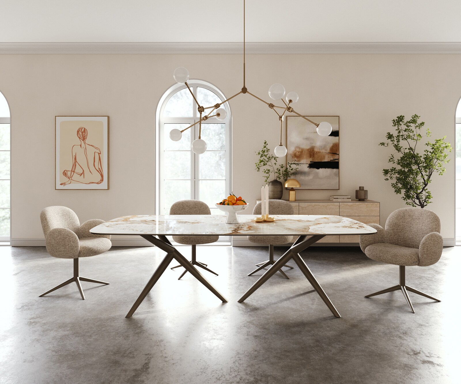 Table à manger Edge Boot 240x120 cm Céramique Minas Melange Blanc-Beige Estelar rond Métal Finition effet Titan 2