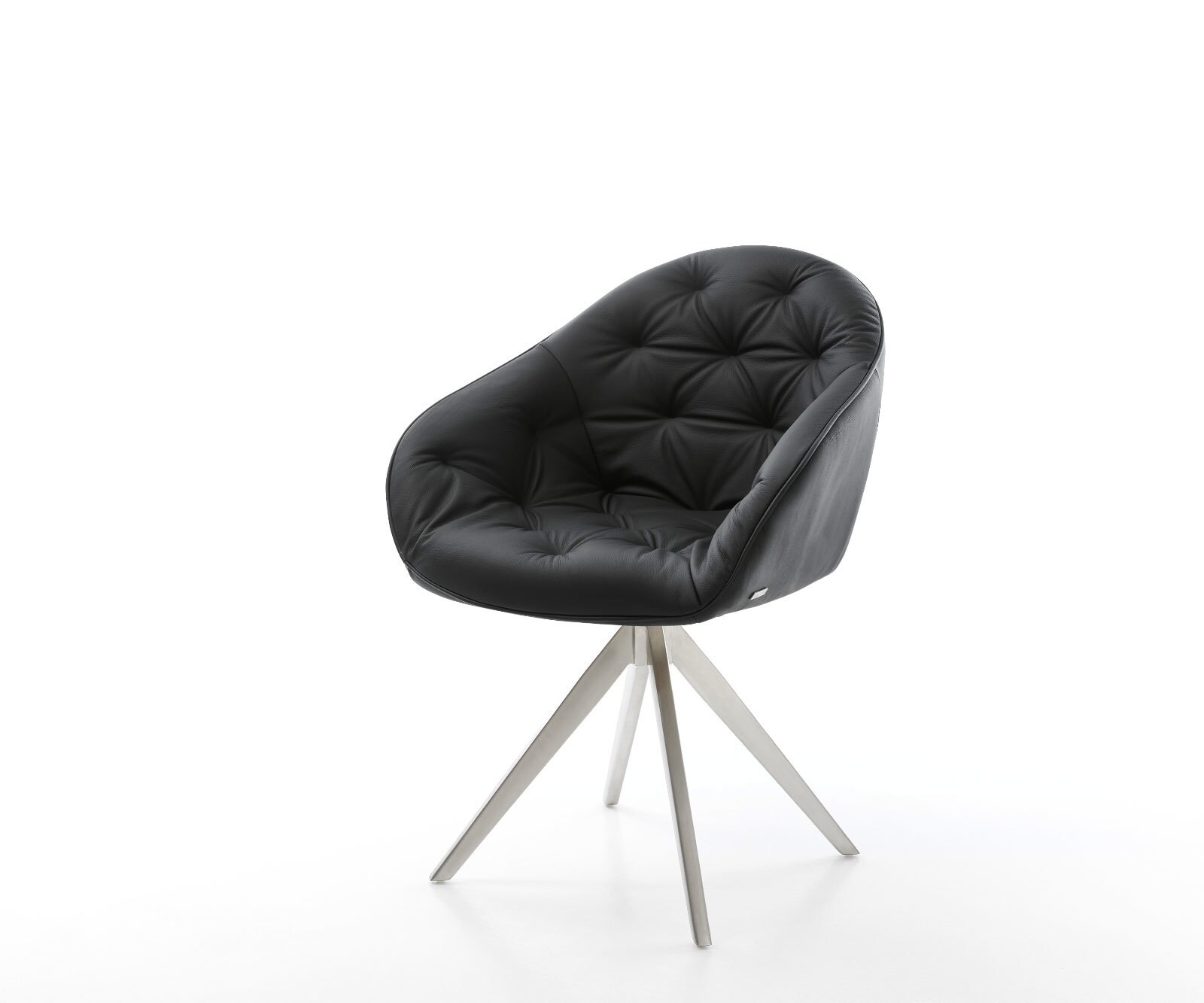 Chaise-de-salle-à-manger Gaio-Flex cuir de vache noir pied croisé angulaire acier inoxydable brossé