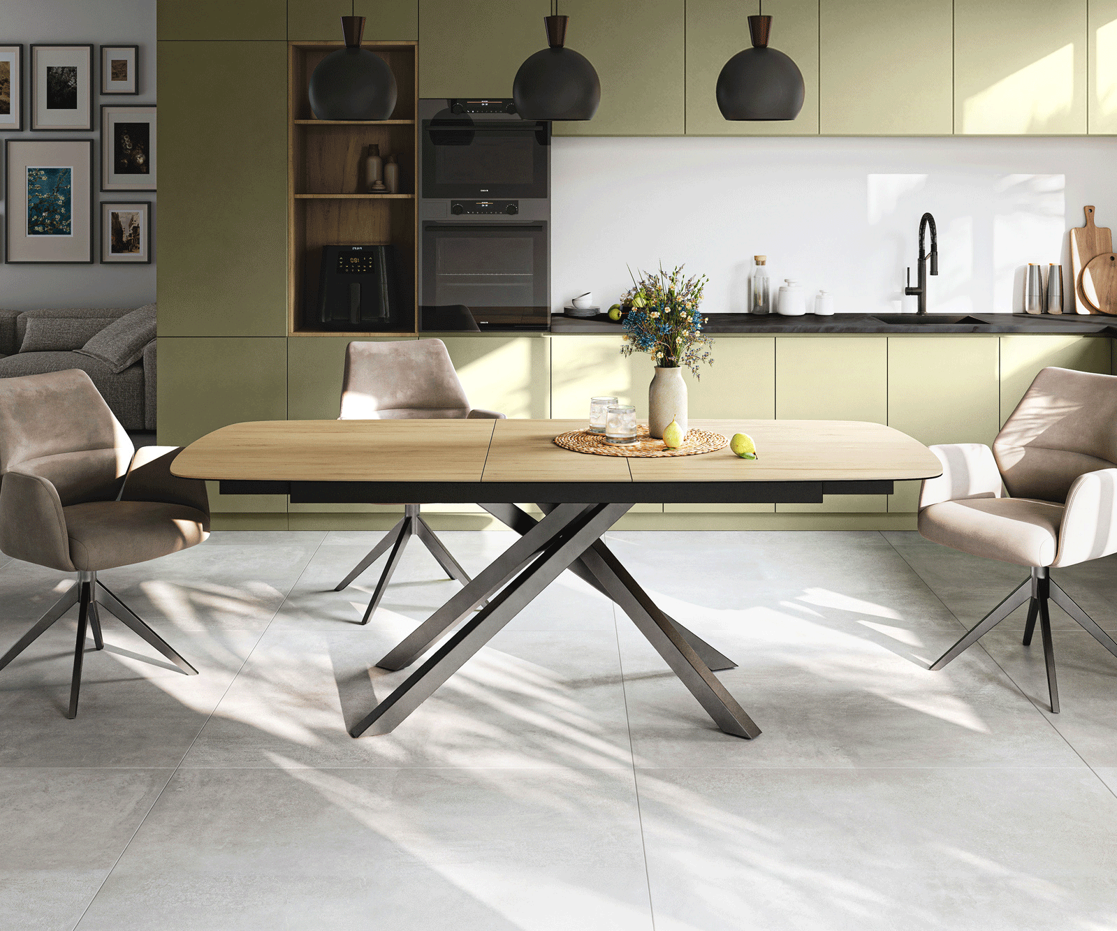 Table à manger Edge Boot 180-220x100 cm Céramique Laminam® Sabbia Eichefarbig piètement en croix Rectangle Acier inoxydable Graphite extensible 2