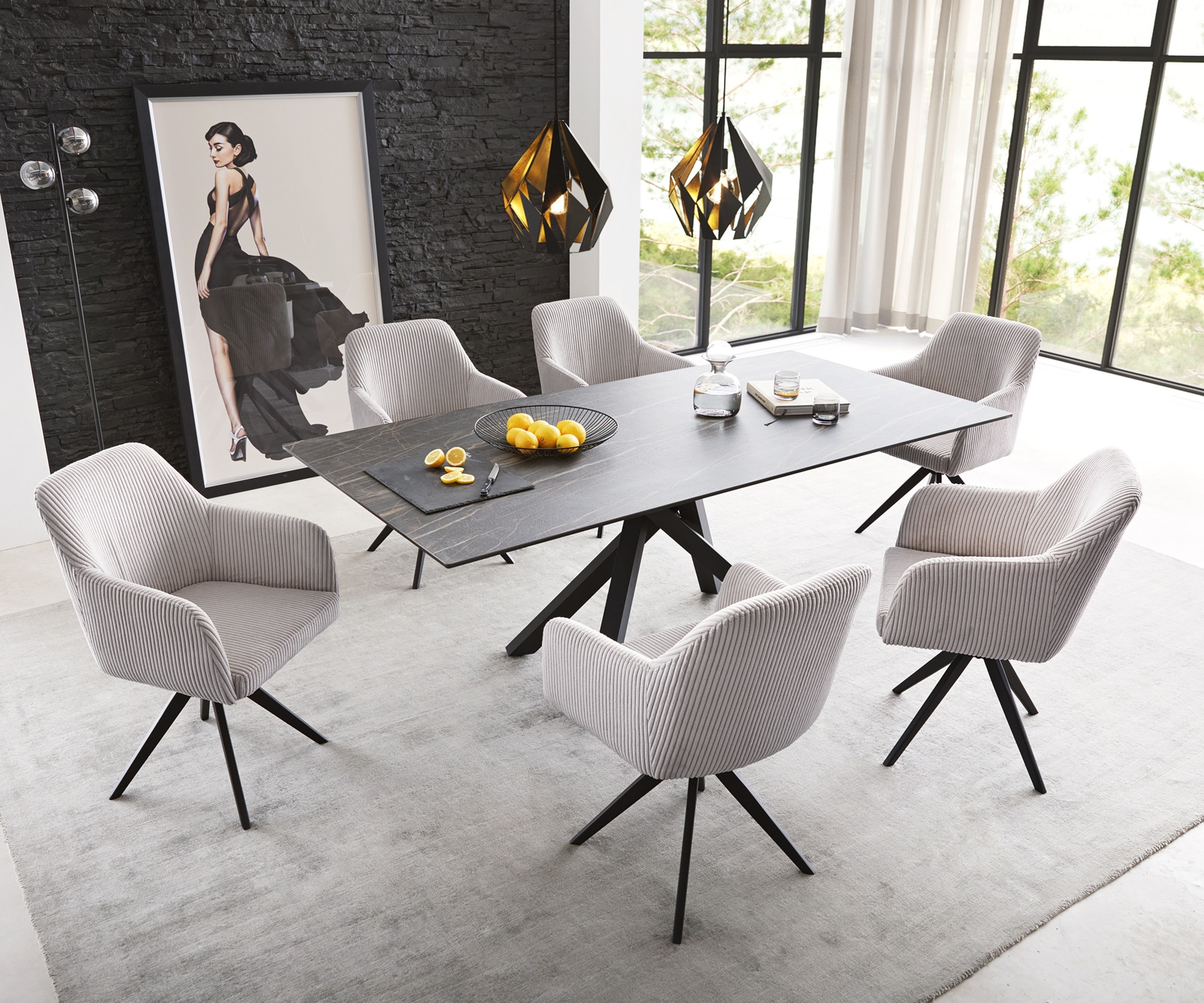 Chaise-de-salle-à-manger Greg-Flex côtelé gris argenté pied croisé angulaire noir ressorts ensachés 3 Chaise-de-salle-à-manger Greg-Flex côtelé gris argenté pied croisé angulaire noir ressorts ensachés 3