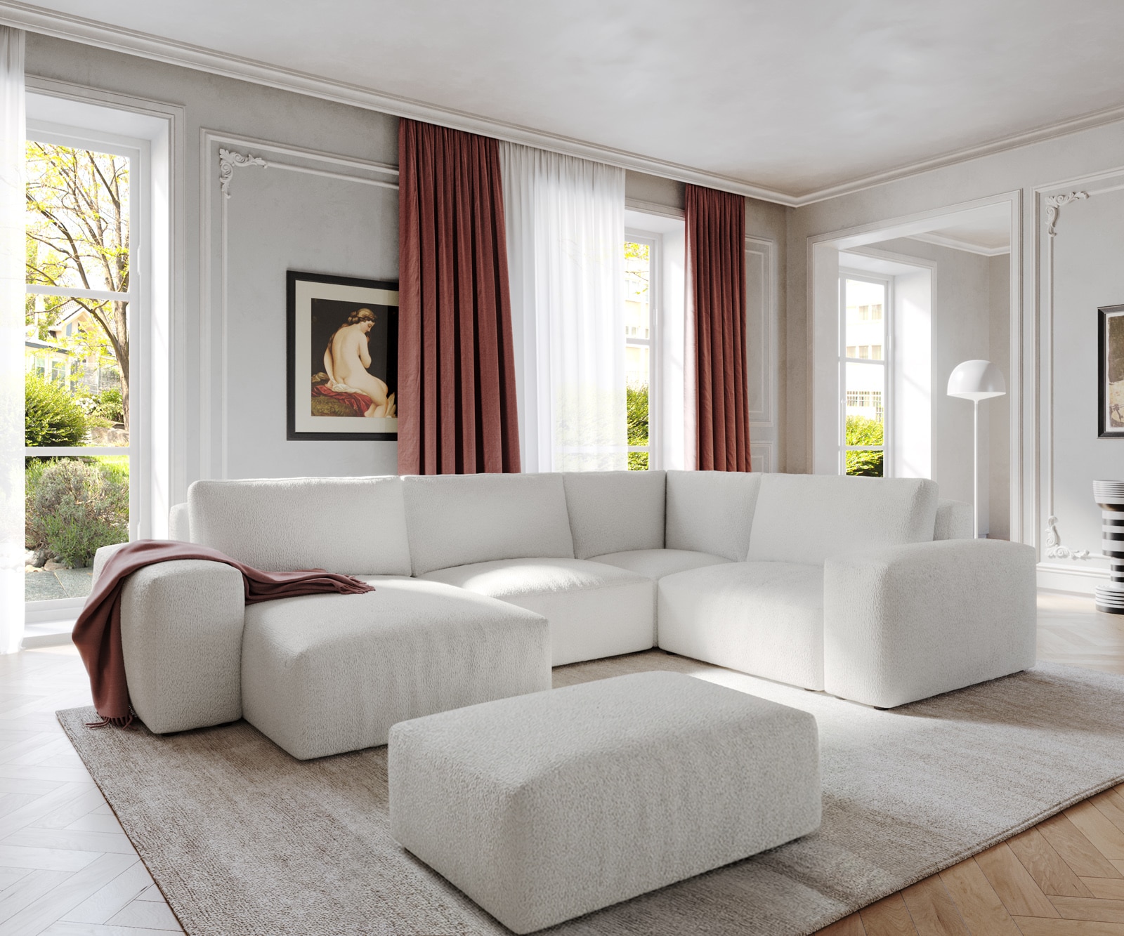 Grand canapé d’angle Lanzo 300x210 cm bouclé blanc crème méridienne réversible avec pouf
