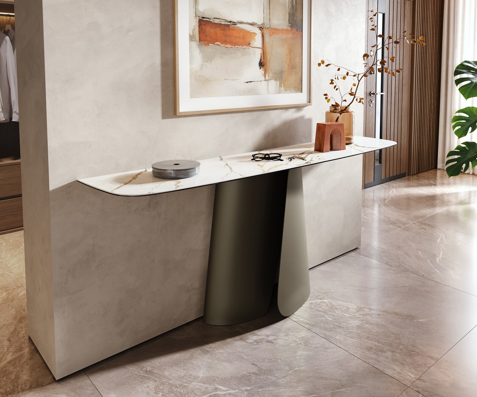 Console Edge forme bateau 180x40 cm Céramique Calacatta Luxe Weiß-Gold-Gris Livos Métal Effektfinish Titan 4