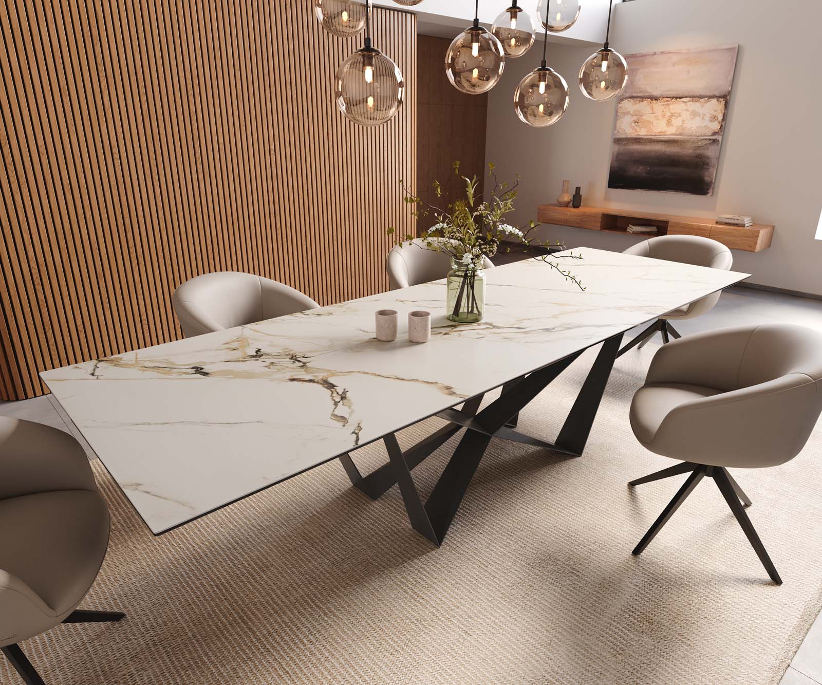 Table à manger Edge 300x100 céramique Calacatta Luxe blanc-doré-gris Spider acier plat noir 1