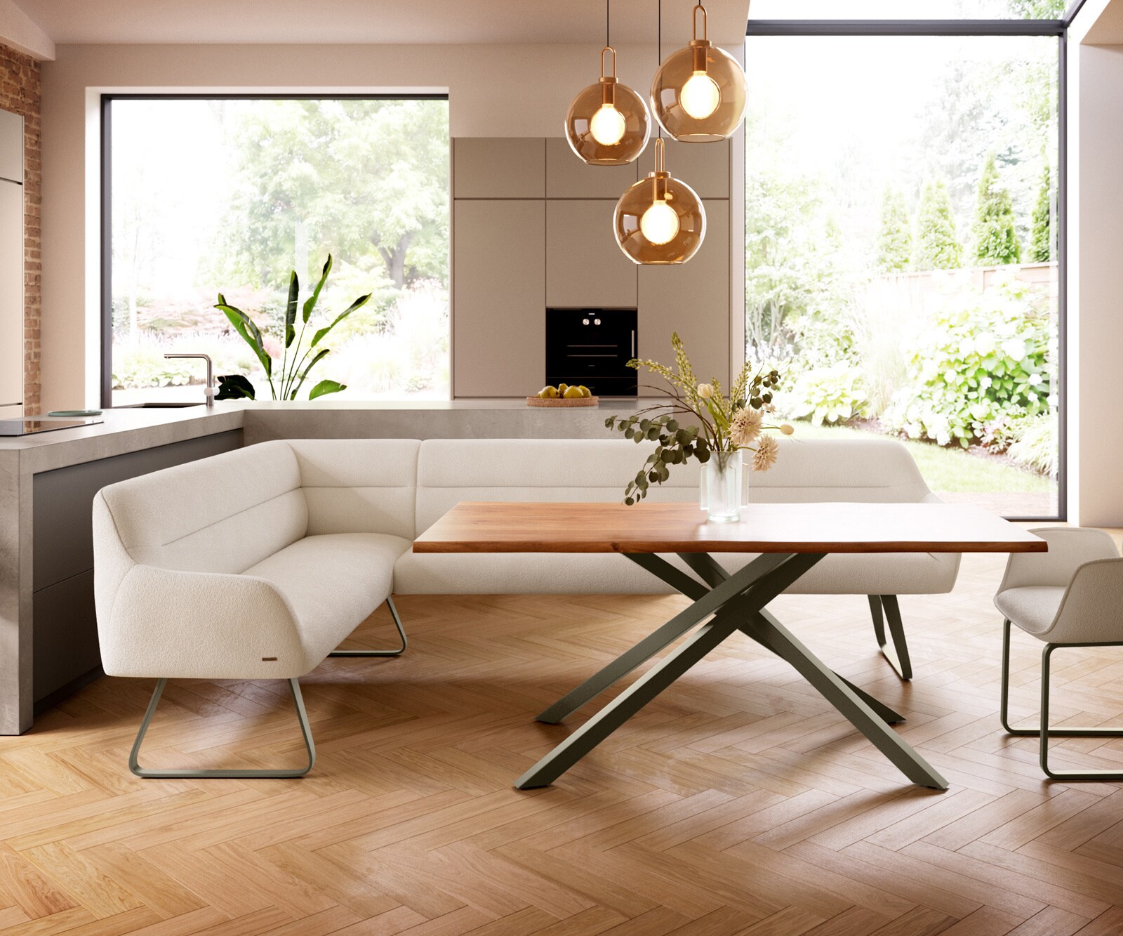 Banc-de-salle-à-manger Taya-Flex 285x190 cm bouclé crème-blanc châssis à patins plat titane ressort ensaché à droite 2