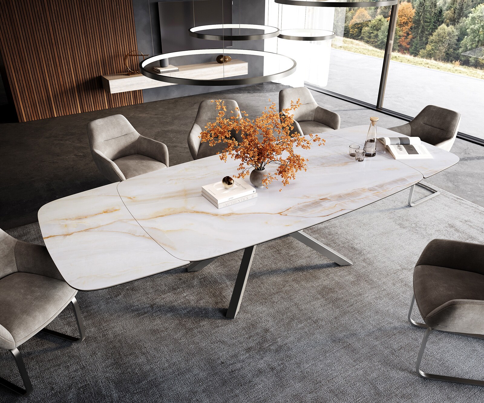 Table à manger Edge Boot 200-300x120 cm Céramique Onyx Pearl piètement en croix Rectangle Acier inoxydable extensible 4