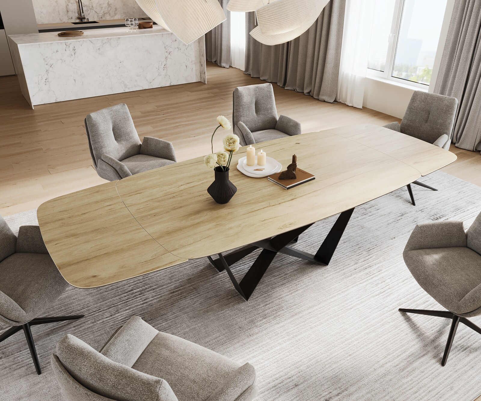 Table à manger Edge Boot 200-300x120 cm Céramique Laminam® Sabbia Eichefarbig Spider Flachstahl Noir extensible 4