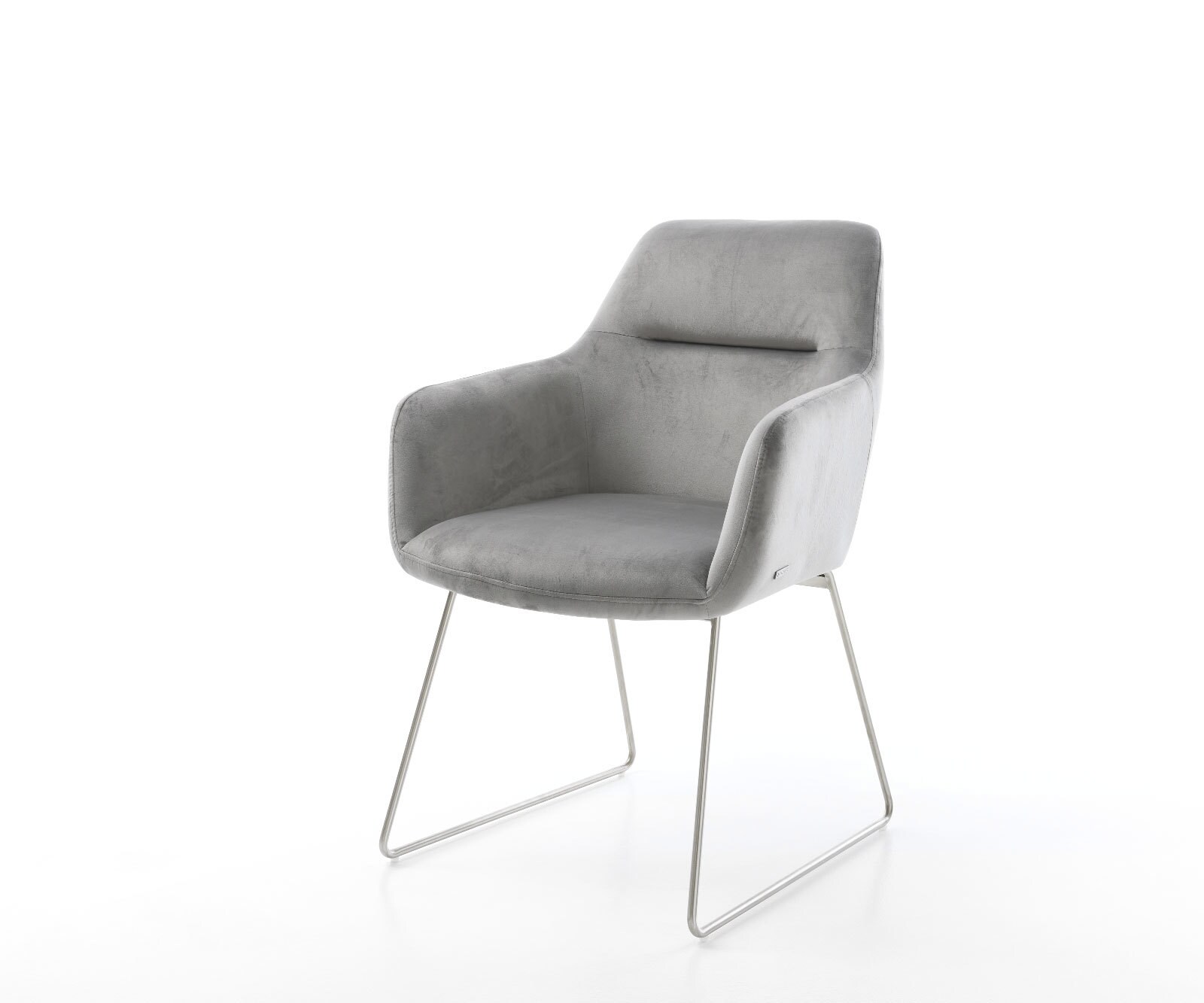 Chaise-de-salle-à-manger Pejo-Flex velours gris pied trapèze acier inoxydable brossé ressorts ensachés