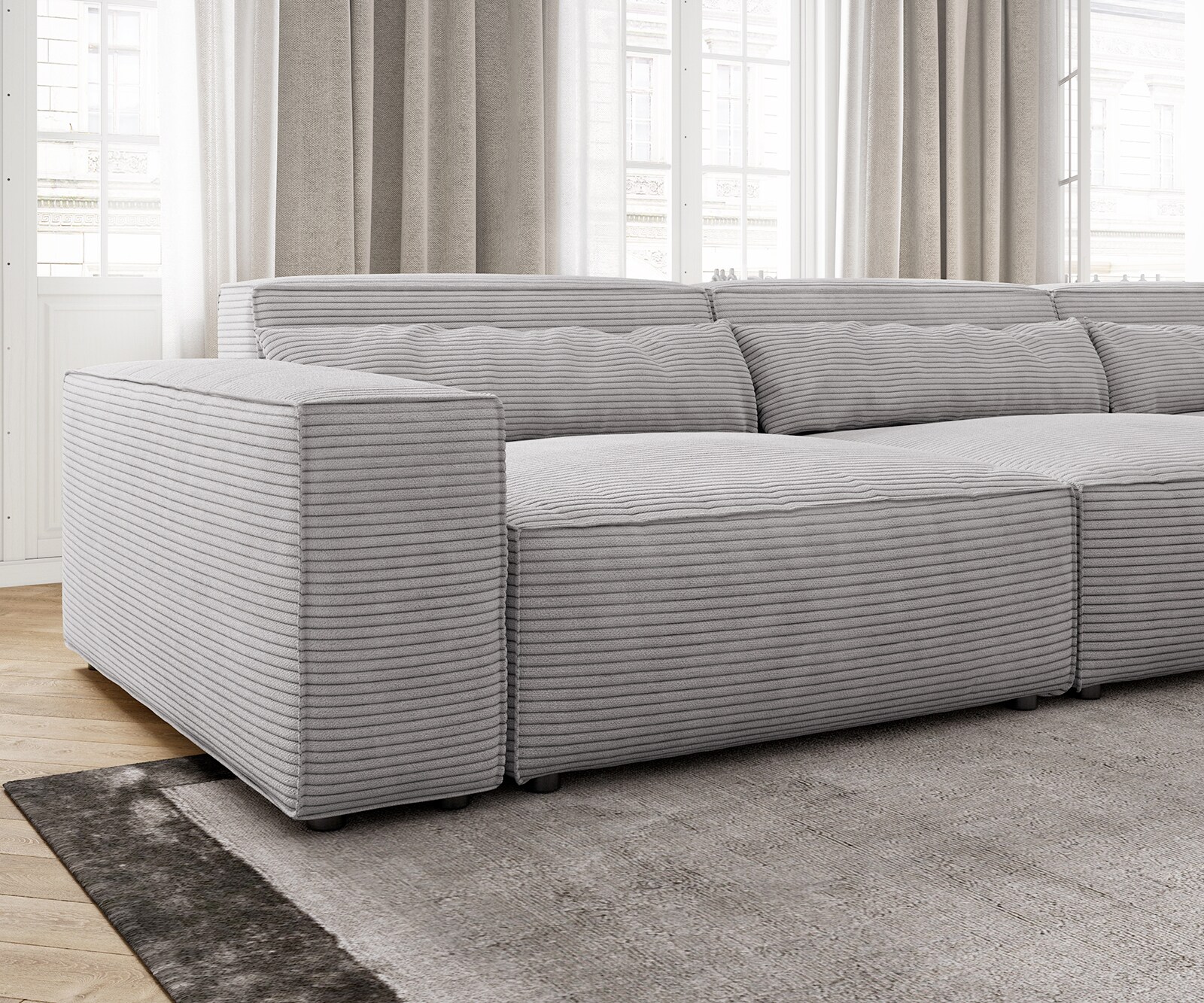 Canapé d'angle Sirpio XL 370x170 cm Velours côtelé Gris argenté Recamiere variable 4 Canapé d'angle Sirpio XL 370x170 cm Velours côtelé Gris argenté Recamiere variable 4