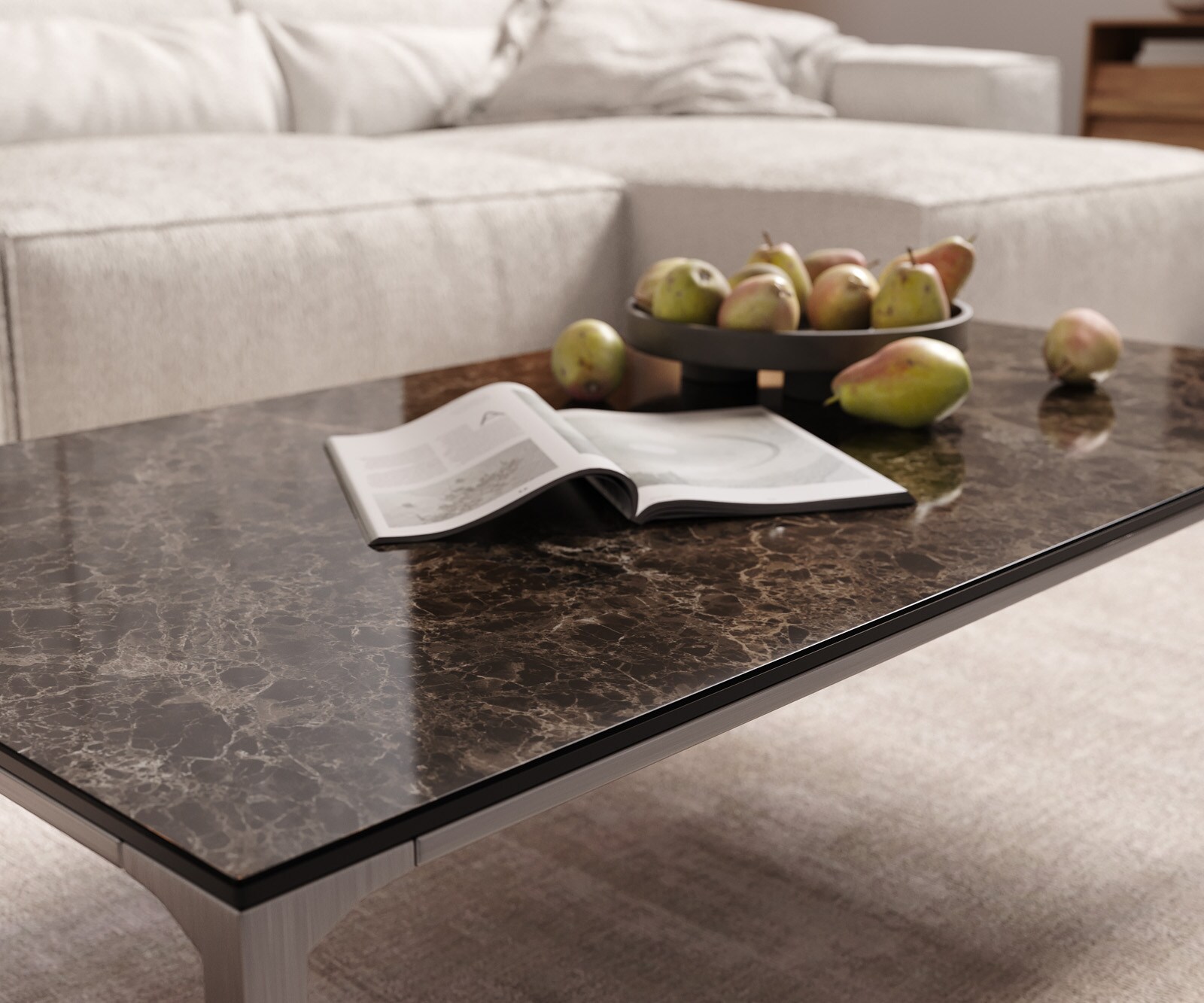 Table-basse Levente 110x60 cm Céramique Emperador Extra Lucidato Marron foncé Piétement inox Argent 5