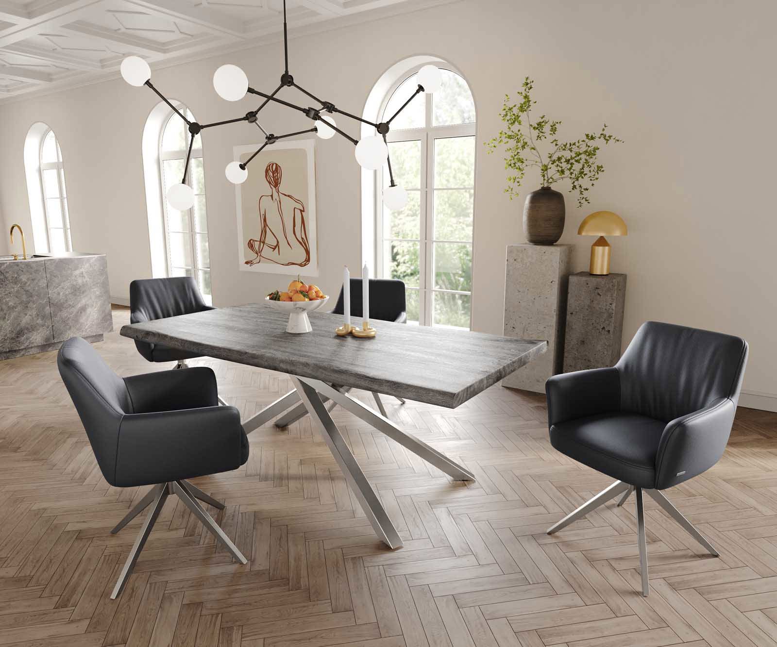 Chaise-pivotante Xana-Flex avec accoudoirs cuir de vache noir pied croisé large acier inoxydable brossé pivotement sur 360° ressorts ensachés 4