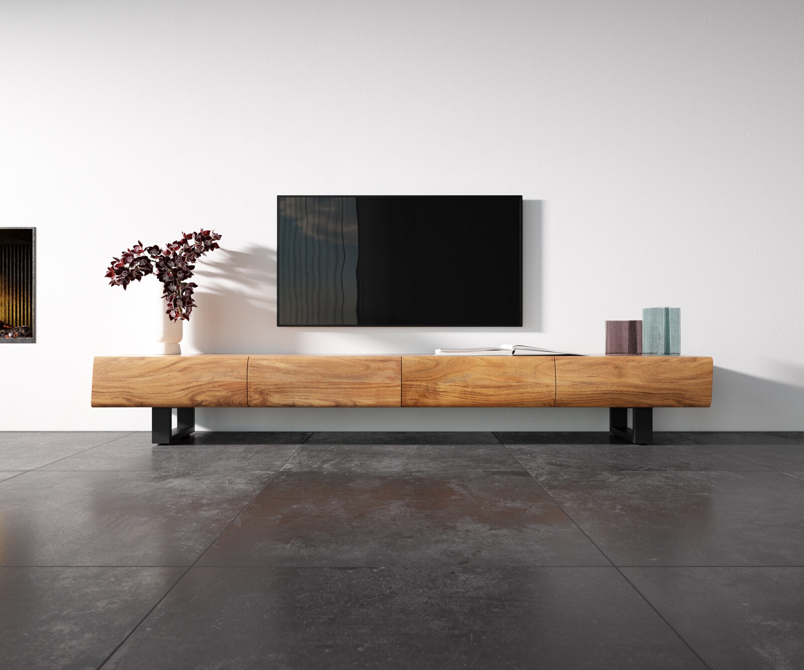 Meuble-TV New Live-Edge 240 cm acacia naturel 4 tiroirs patins métal noir 3