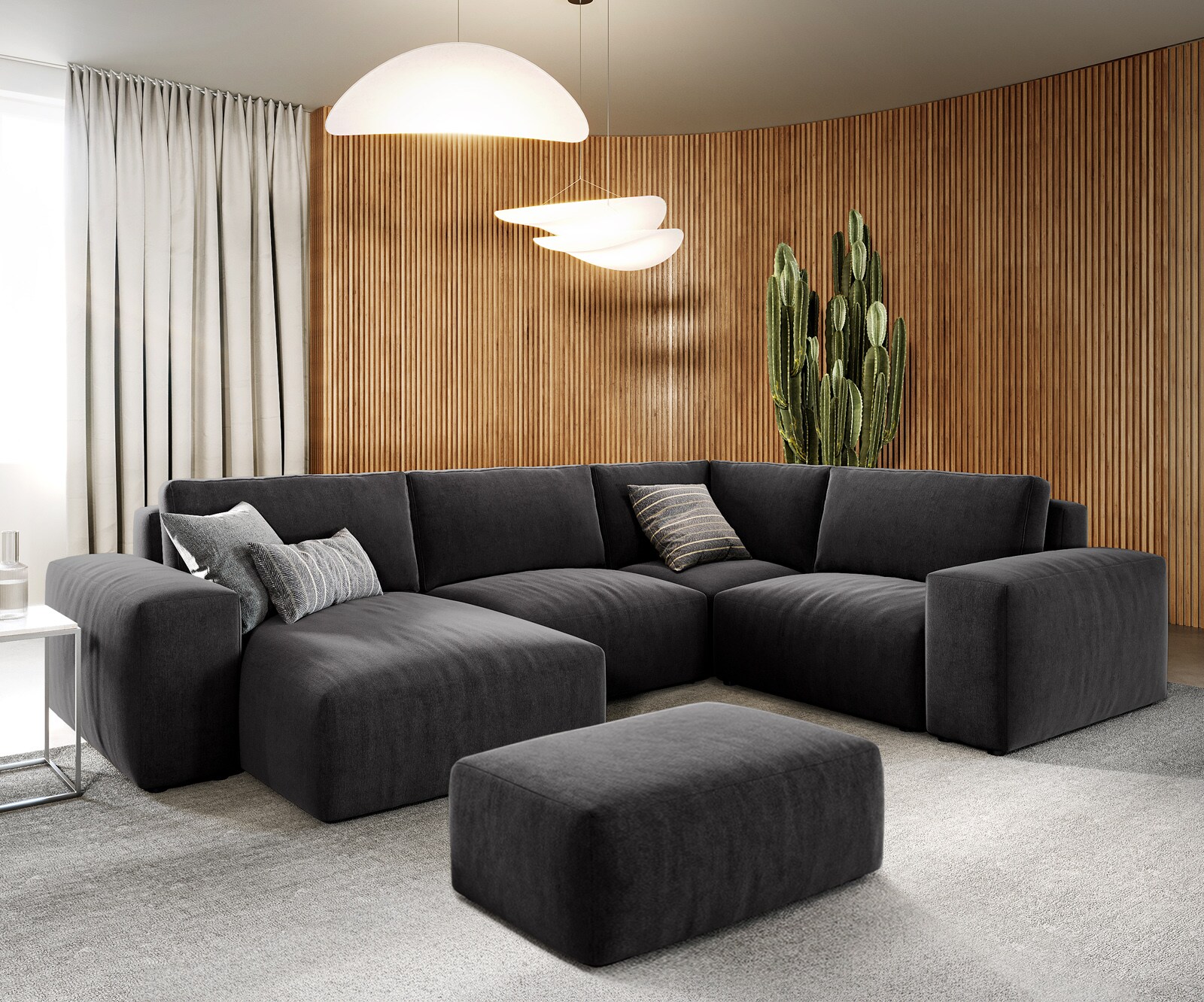 Grand canapé d’angle Lanzo 300x210 cm microfibre noir méridienne réversible avec pouf 1