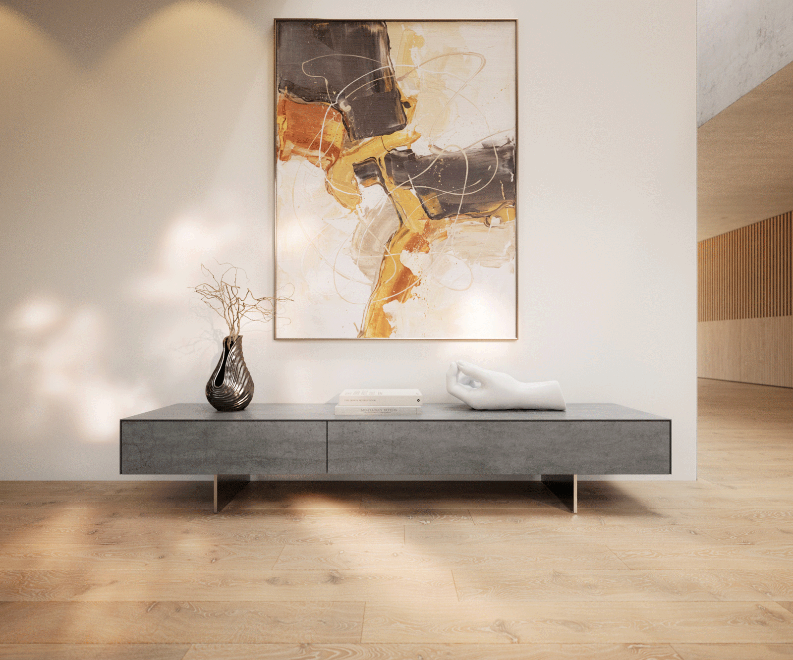 Meuble-TV Cuor 200 cm Céramique Béton gris 1 Clapet 1 Tiroir Pied optique flottant Ancier inoxydable 1