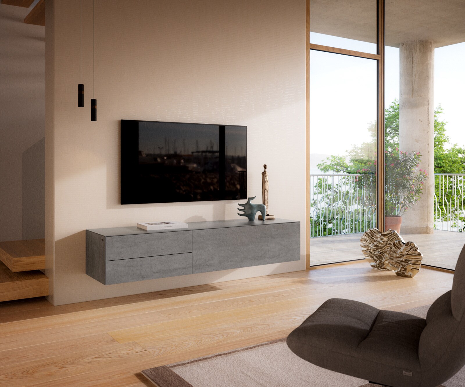Meuble-TV Cuor 180 cm Céramique Béton gris 1 Clapet 2 Tiroirs Flottant 1