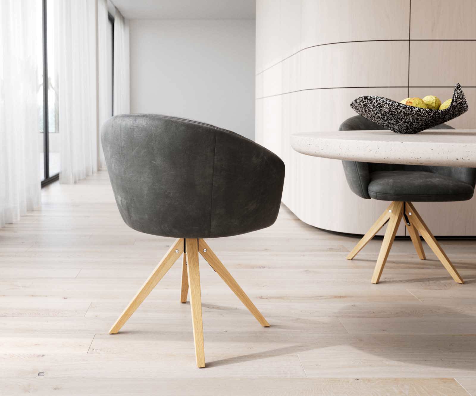 Chaise-pivotante Caja-Flex avec accoudoirs microvelours anthracite vintage pied en bois angulaire naturel pivotement sur 180° ressorts ensachés 4 Chaise-pivotante Caja-Flex avec accoudoirs microvelours anthracite vintage pied en bois angulaire naturel pivotement sur 180° ressorts ensachés 4