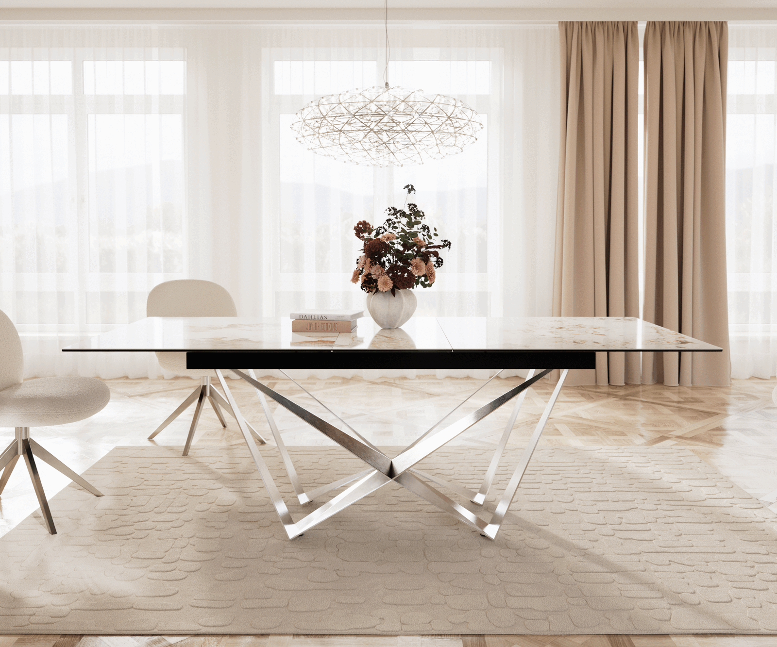 Table à manger Edge 180-220x100 céramique Minas mélange blanc-beige Spider acier plat acier inoxydable extensible 1