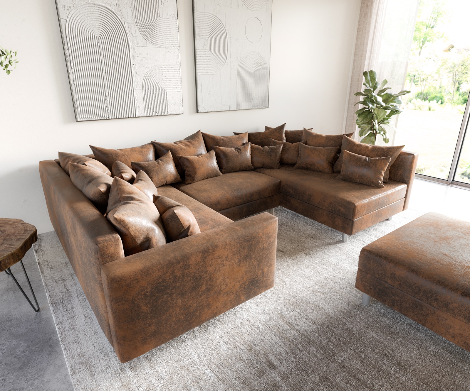 Canapé-panoramique Clovis marron look antique Tabouret modulable avec accoudoirs Canapé-panoramique Clovis marron look antique Tabouret modulable avec accoudoirs