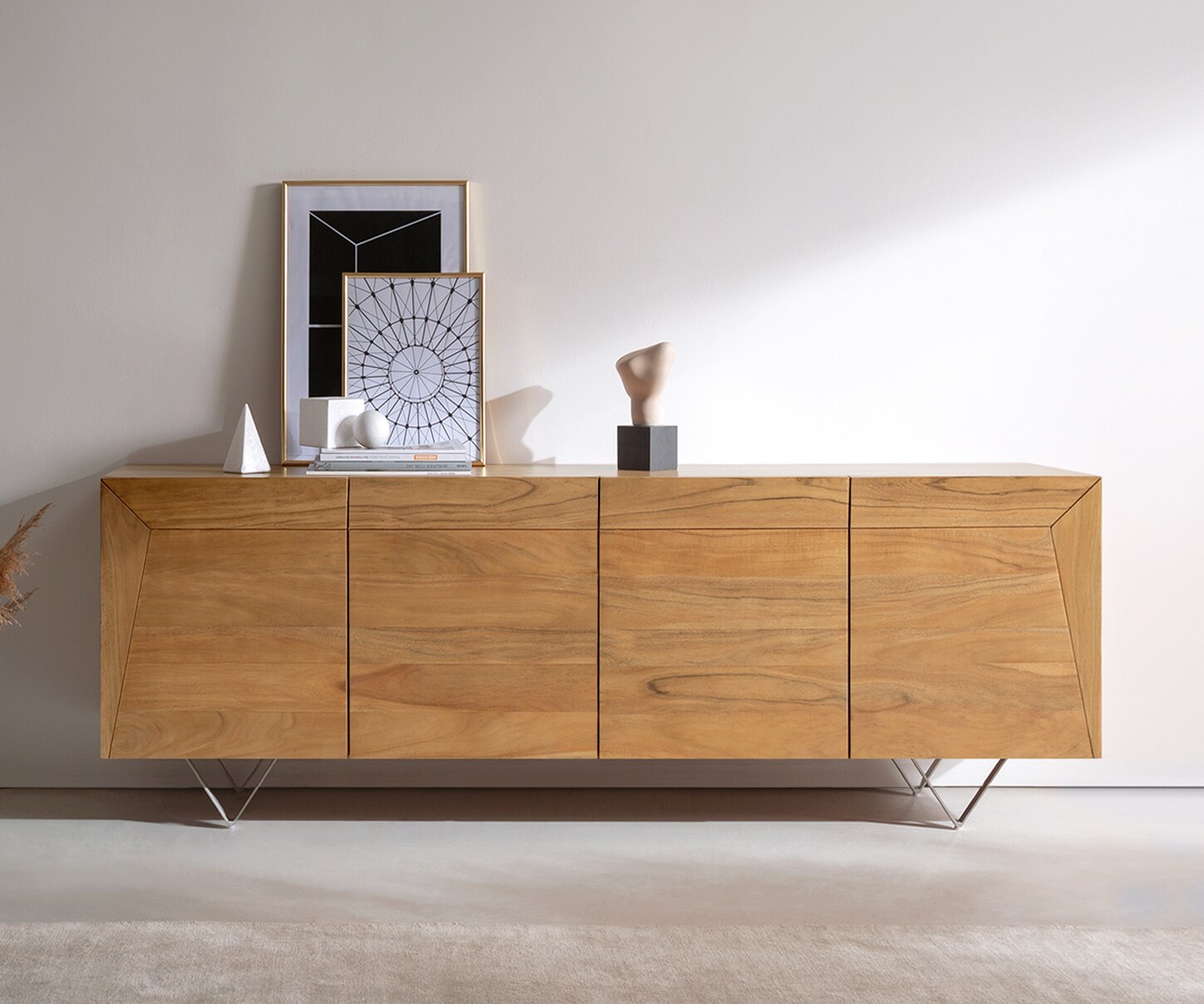 Buffet Kayu 200x40x70 cm acacia naturel 4 portes pied en V 1