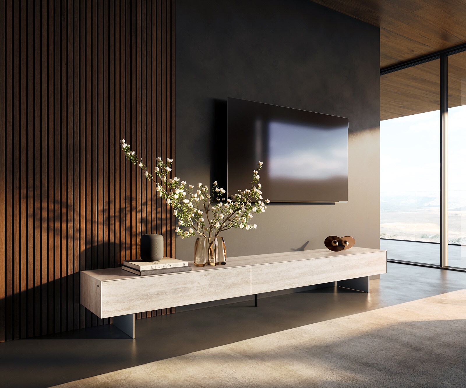 Meuble-TV Cuor 250 cm Céramique Laminam® Travertino Bianco Crème-blanc 1 Clapet 1 Tiroir Pied optique flottant Ancier inoxydable