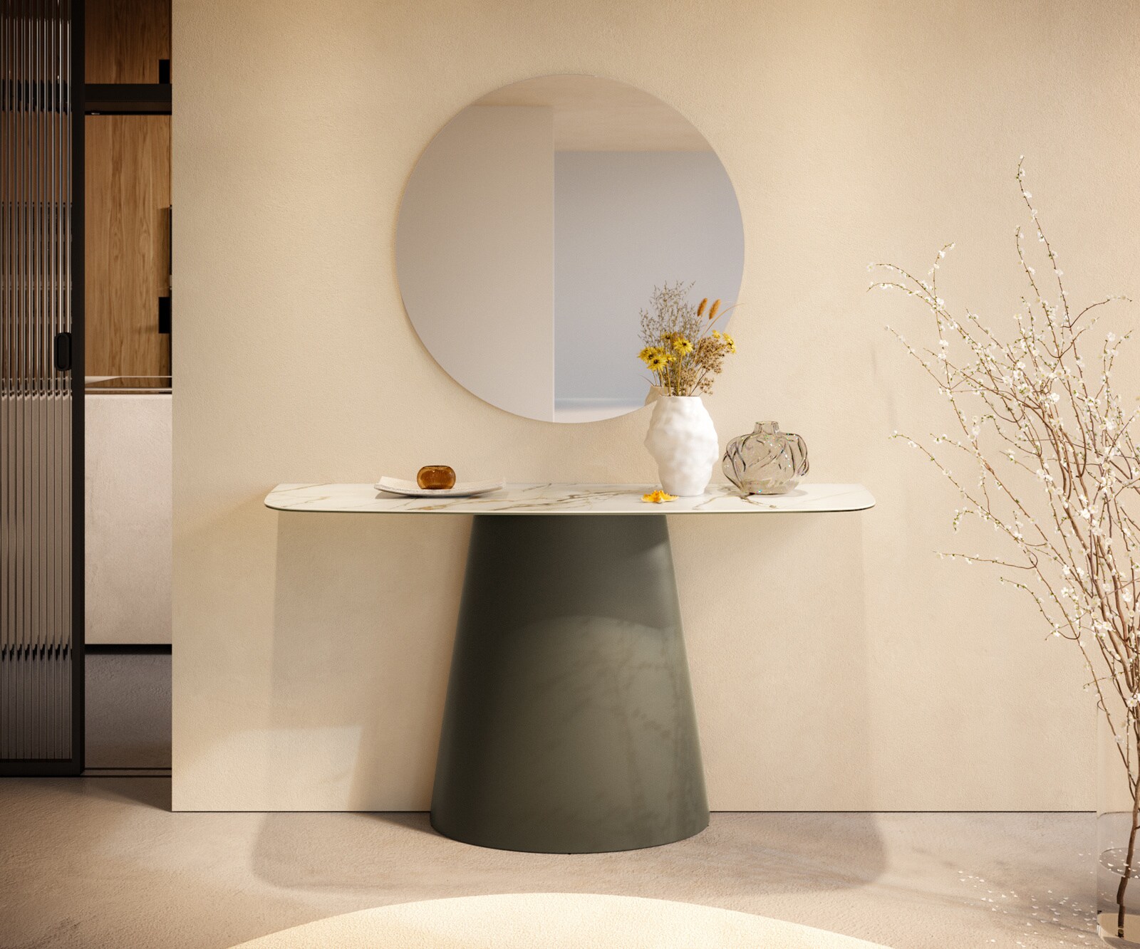 Console Edge forme bateau 140x40 cm Céramique Calacatta Luxe Weiß-Gold-Gris Conos Métal Effektfinish Titan 4