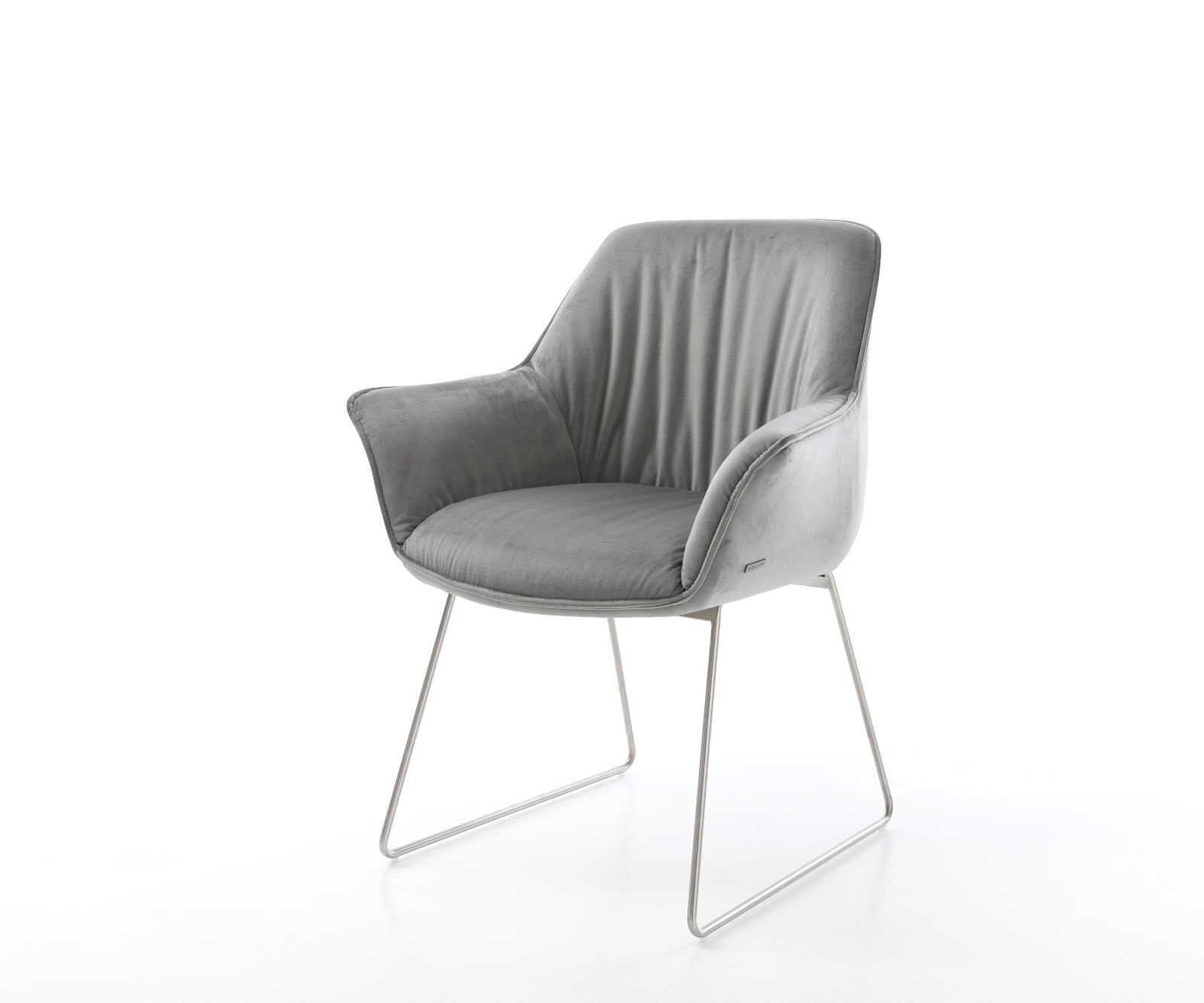 Chaise-de-salle-à-manger Keila-Flex avec accoudoirs velours gris pied trapèze acier inoxydable brossé