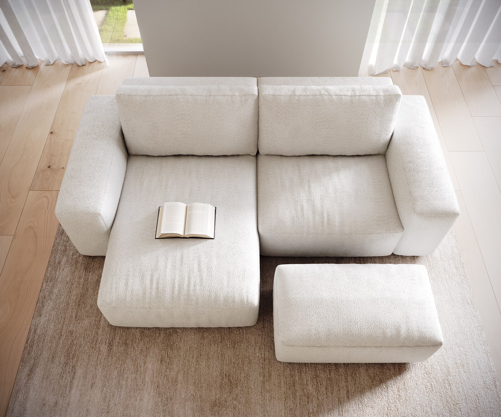 Canapé d’angle Lanzo 230x155 cm bouclé blanc crème méridienne réversible avec pouf 3