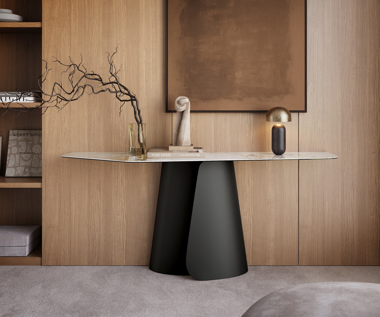 Console Edge Polygonal 180x50 cm Céramique Minas Melange Weiß-Beige Livos Métal Noir 3