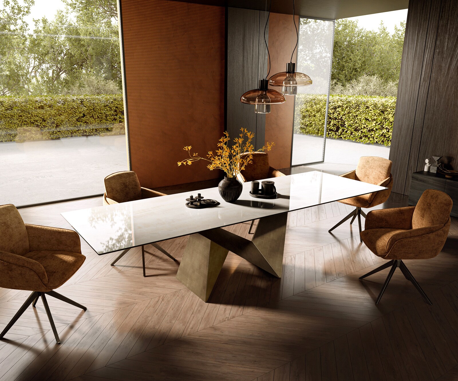 Table à manger Edge 300x100 cm céramique Onyx Champagne Origami métal doré 6