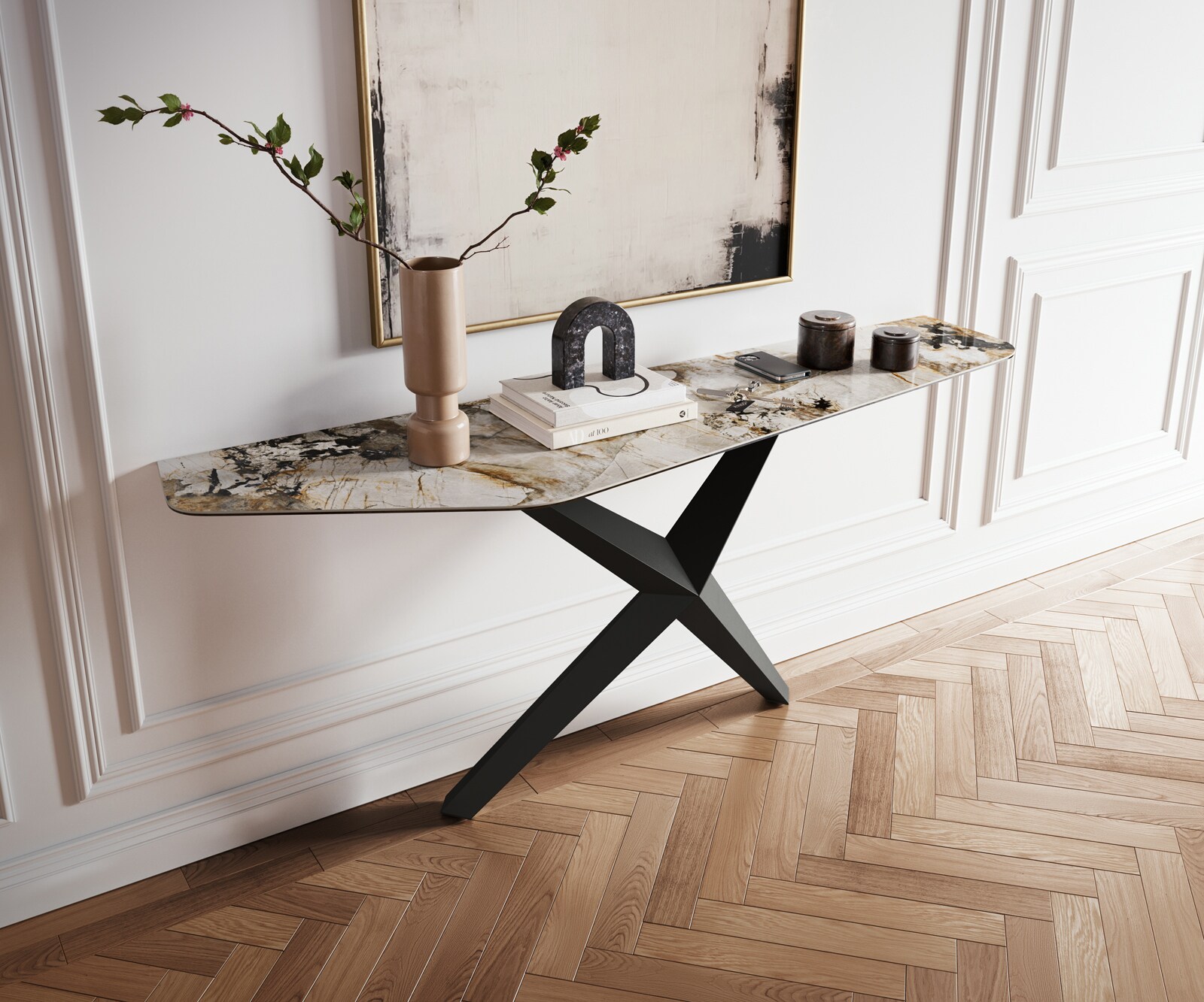 Console Edge Polygonal 180x50 cm Céramique Patagonia Poliert Zentharo Métal Noir 1