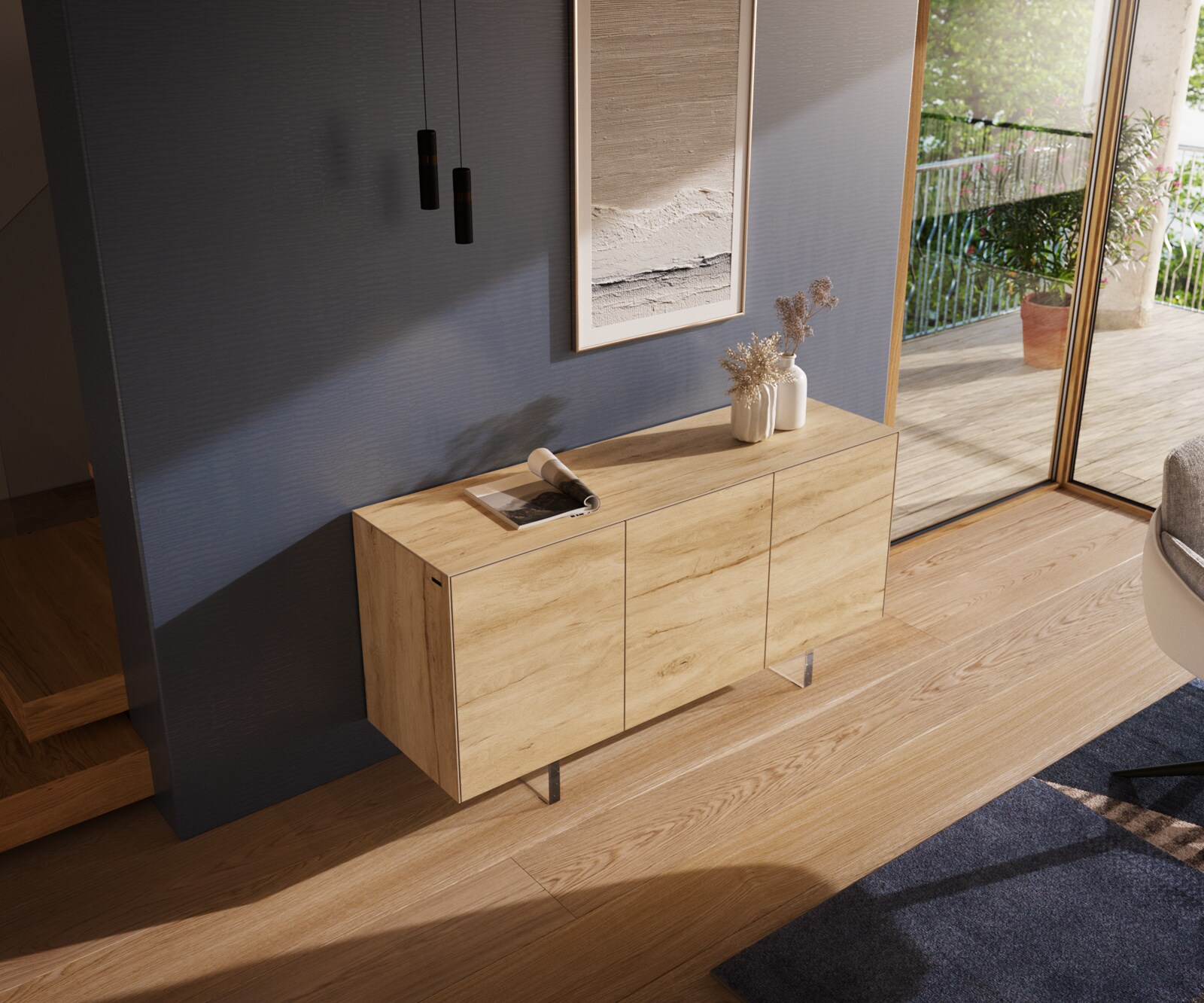 Buffet Cuor 150 cm Céramique Laminam® Sabbia Teinte chêne 3 Portes Pied optique flottant Verre acrylique 4