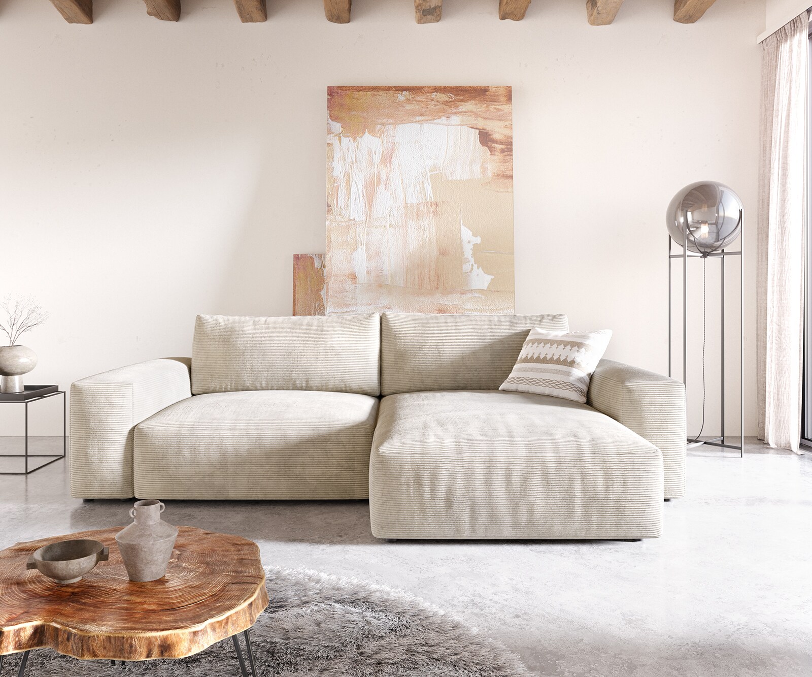Canapé d'angle Lanzo XL 270x180 cm Velours côtelé Beige Recamière variable 1