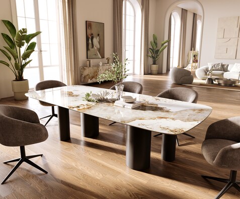 Table à manger Edge Boot 260x120 cm Céramique Minas Melange Blanc-Beige Pilier Métal Noir