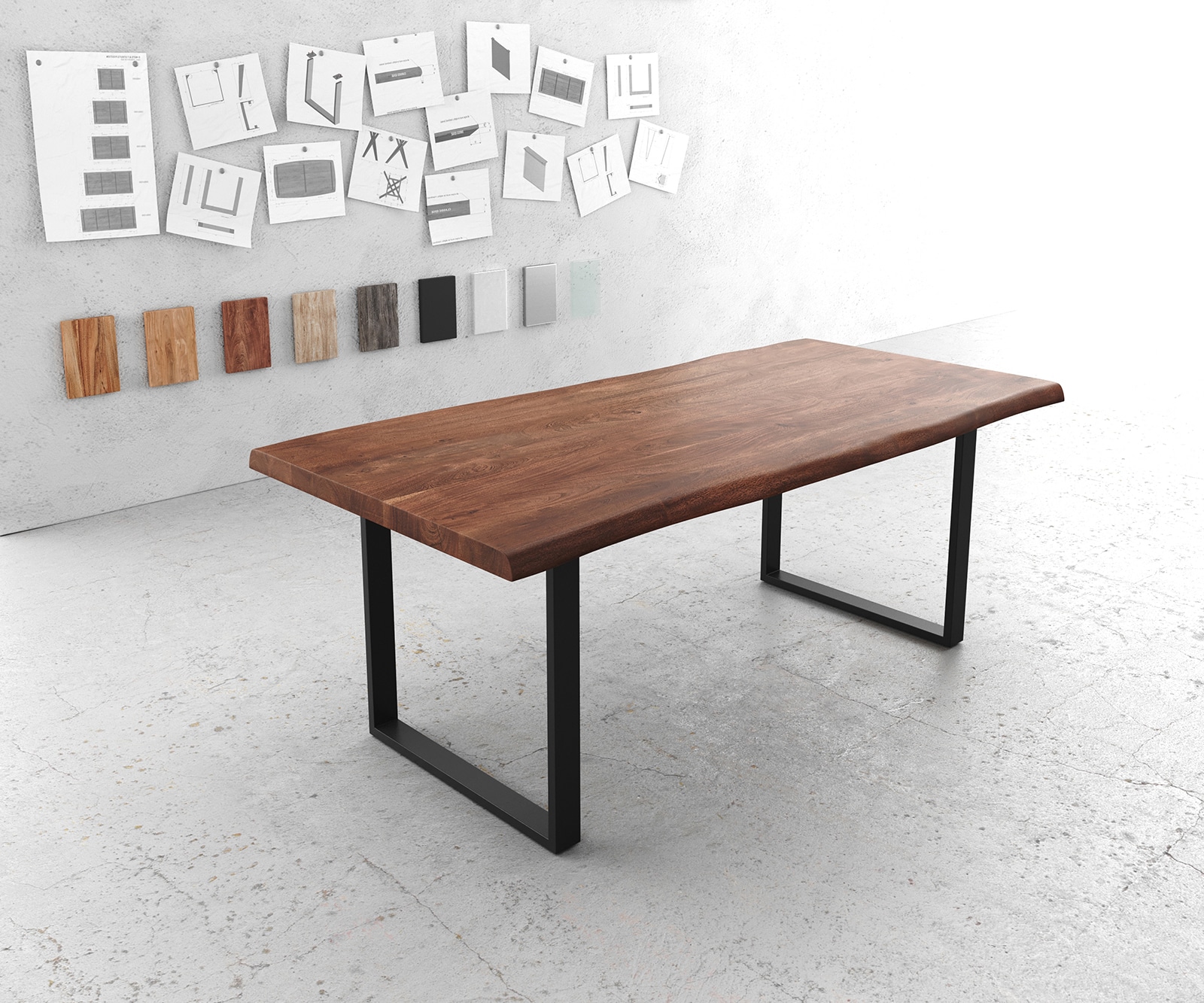 Table-à-manger Edge 200x100 XL acacia marron métal noir Live-Edge Table-à-manger Edge 200x100 XL acacia marron métal noir Live-Edge
