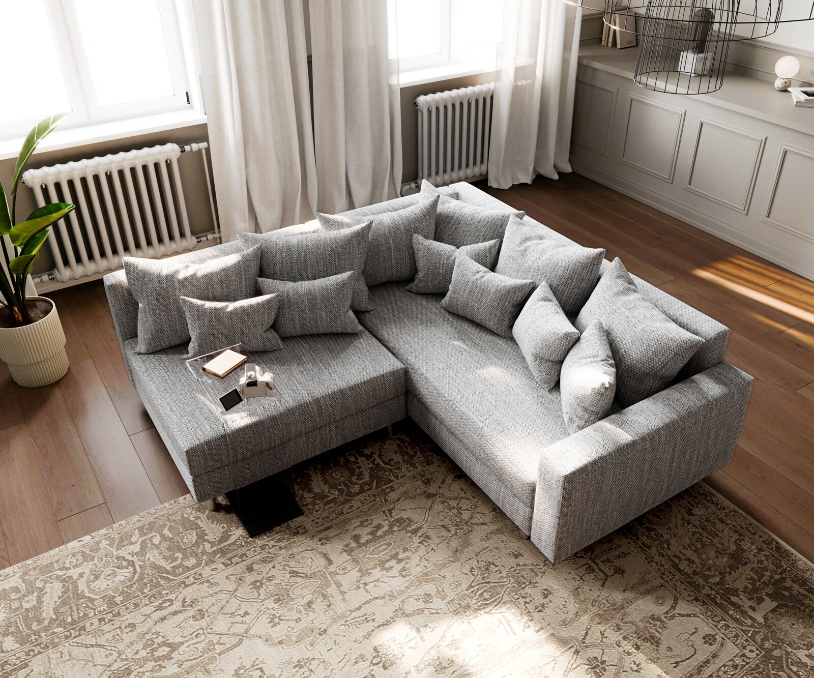 Canapé d'angle Clovis tissu structuré gris clair accoudoir ottoman droite 3 Canapé d'angle Clovis tissu structuré gris clair accoudoir ottoman droite 3