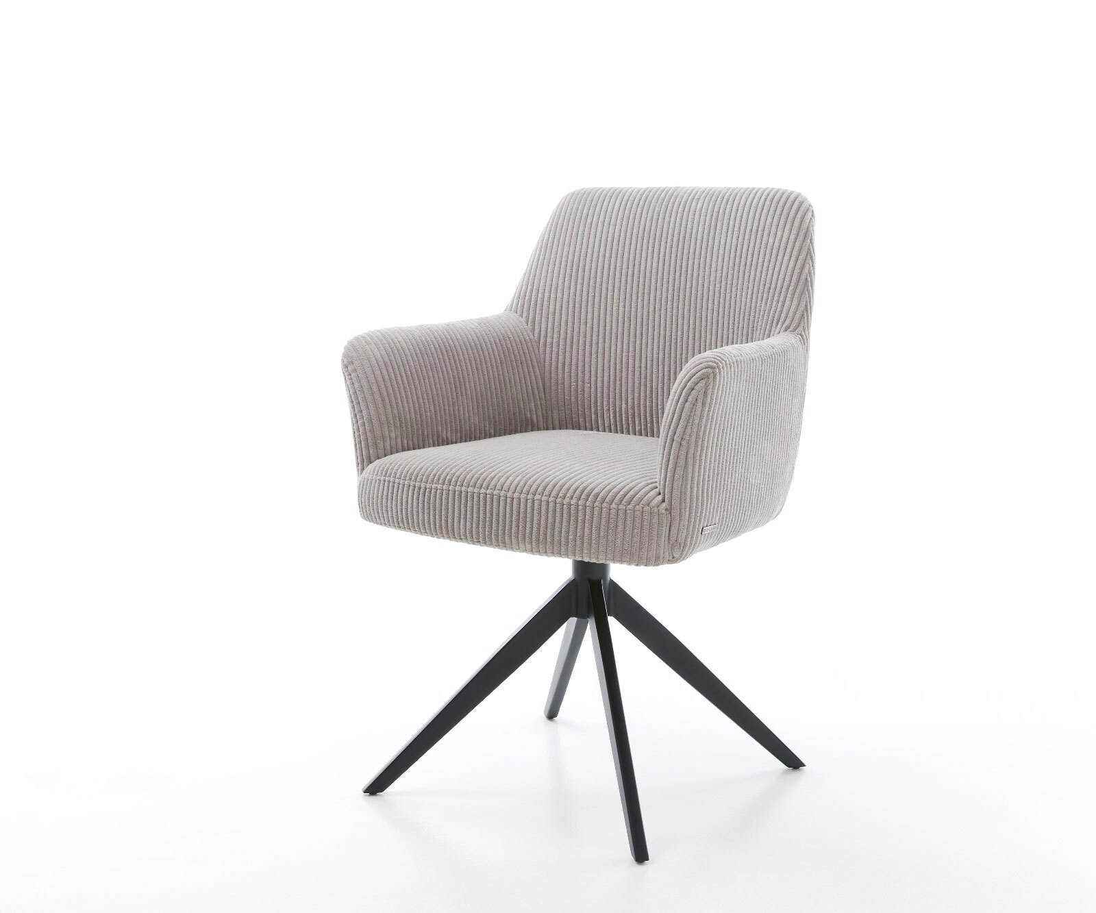 Chaise-pivotante Xana-Flex avec accoudoirs côtelé gris argenté pied croisé large noir pivotement sur 360° ressorts ensachés