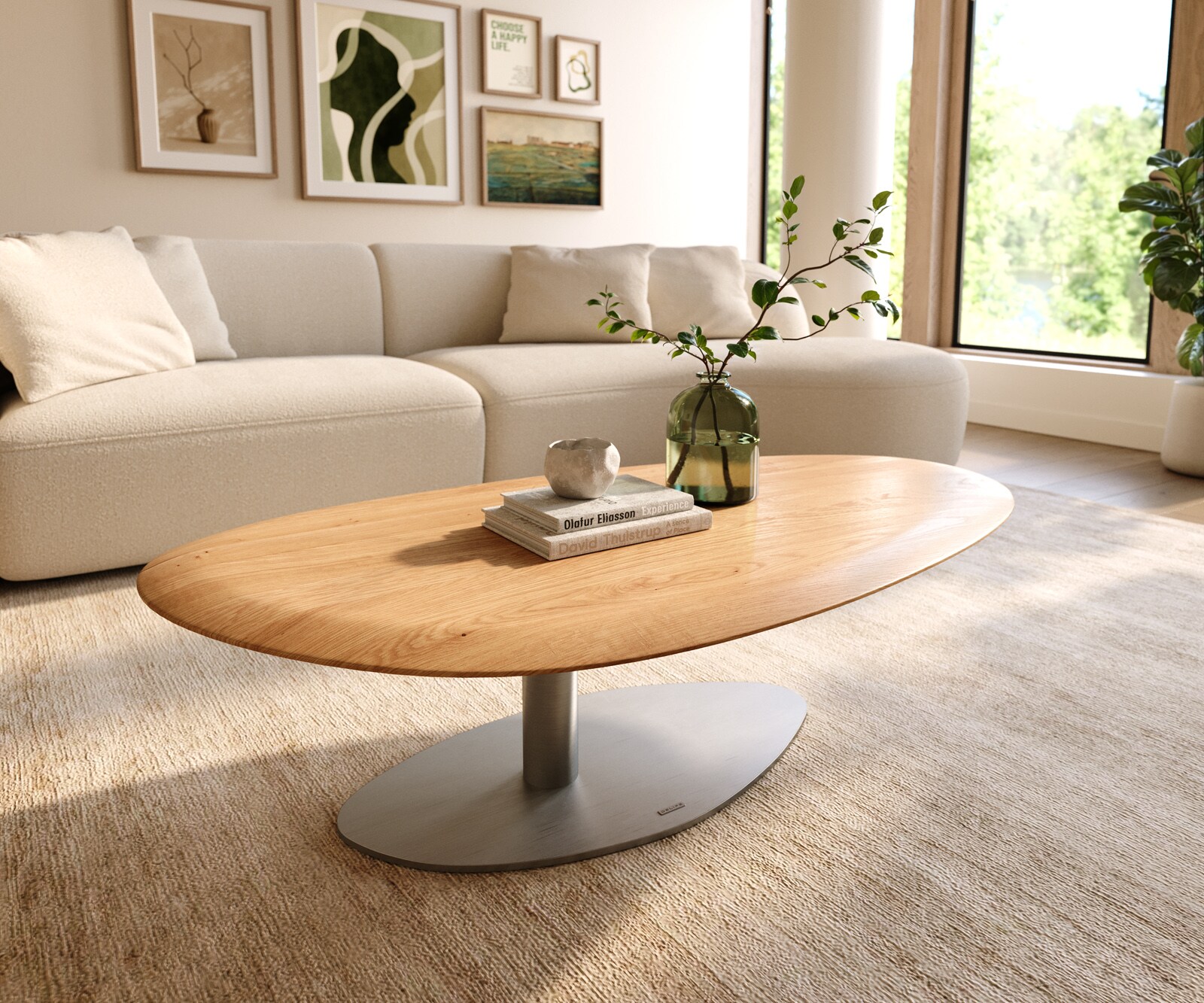 Table basse Edge Oval 140x75 cm chêne naturel bord arrondi Vibany acier inoxydable brossé 1