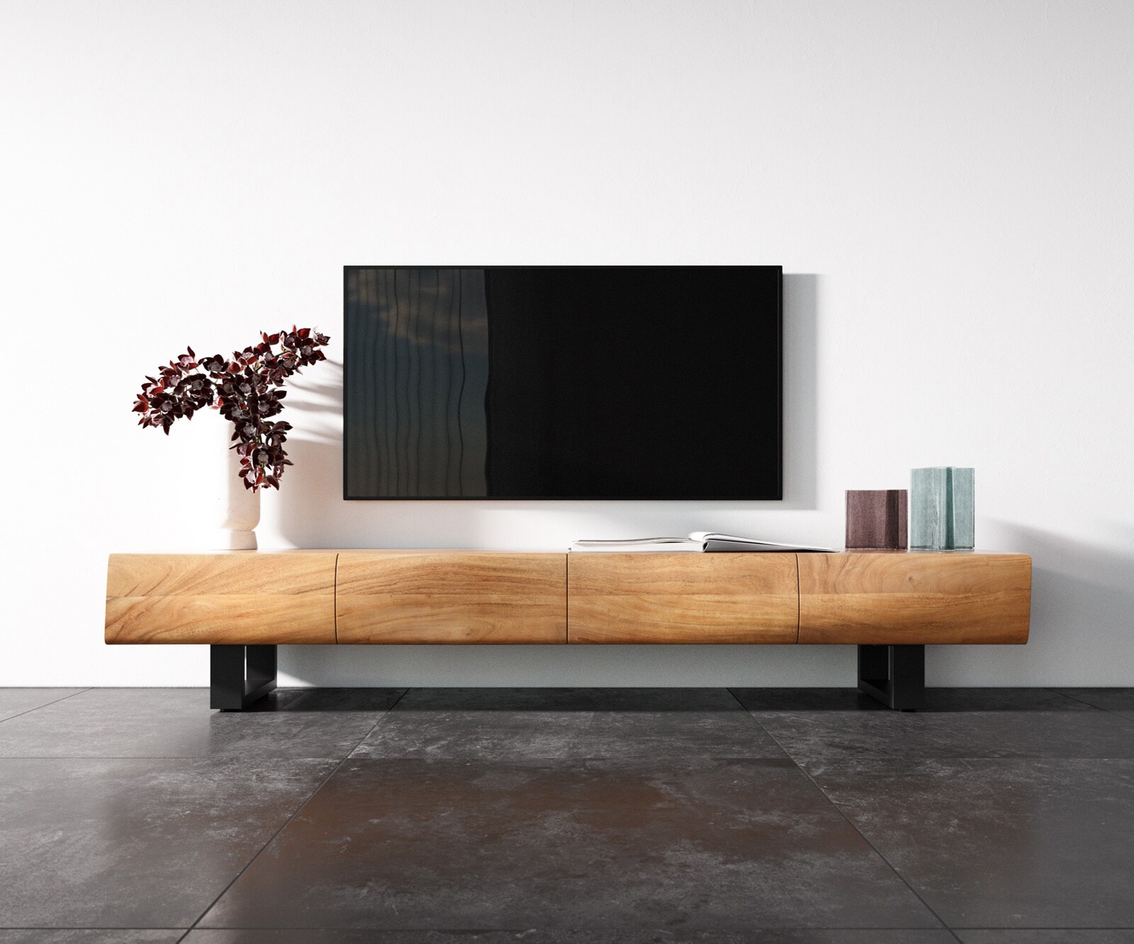 Meuble - TV New Live-Edge 200 cm acacia naturel 4 portes patin métal noir 4
