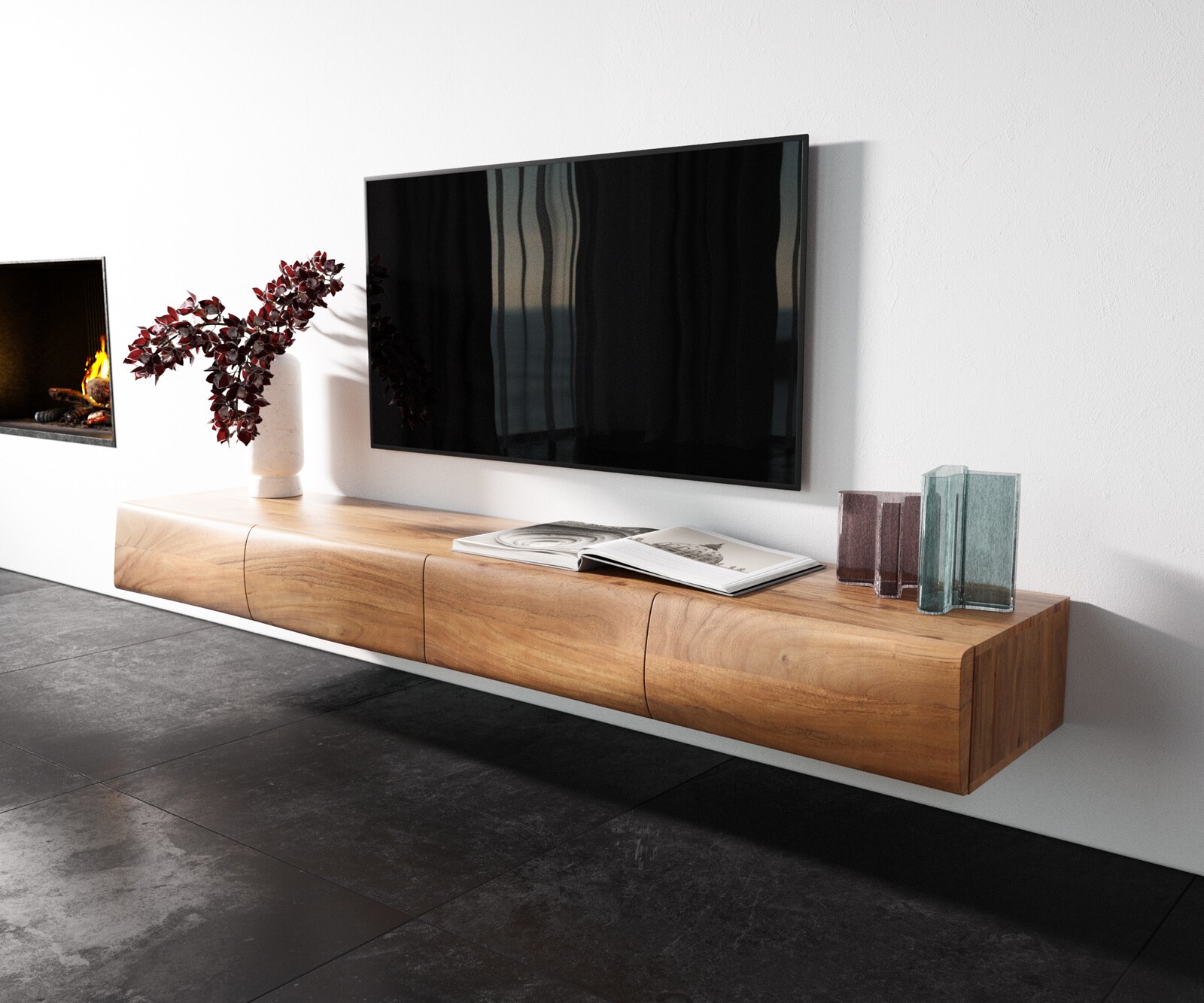 Meuble-TV  New Live-Edge 200 cm acacia naturel 4 portes flottantes 2