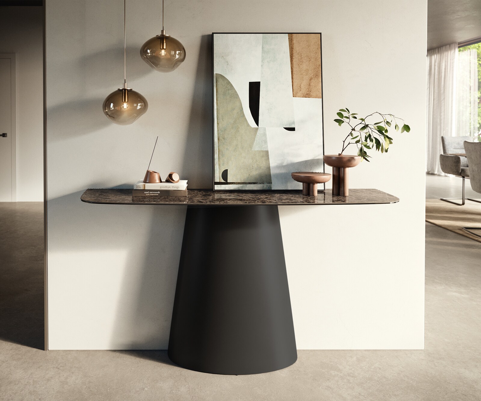 Console Edge forme bateau 140x40 cm Céramique Emperador Extra Lucidato Dunkelbraun Conos Métal Noir