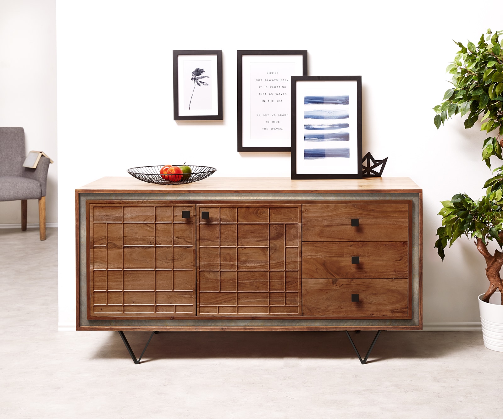 Buffet Stonegrace 150 cm acacia marron 3D 2 portes 3 tiroirs pied en V noir 1 Buffet Stonegrace 150 cm acacia marron 3D 2 portes 3 tiroirs pied en V noir 1