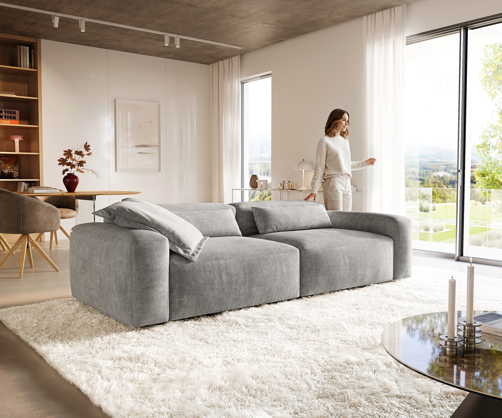 Bigsofa Freestyle 280x110 cm Tissu structuré doux Gris couture plate
