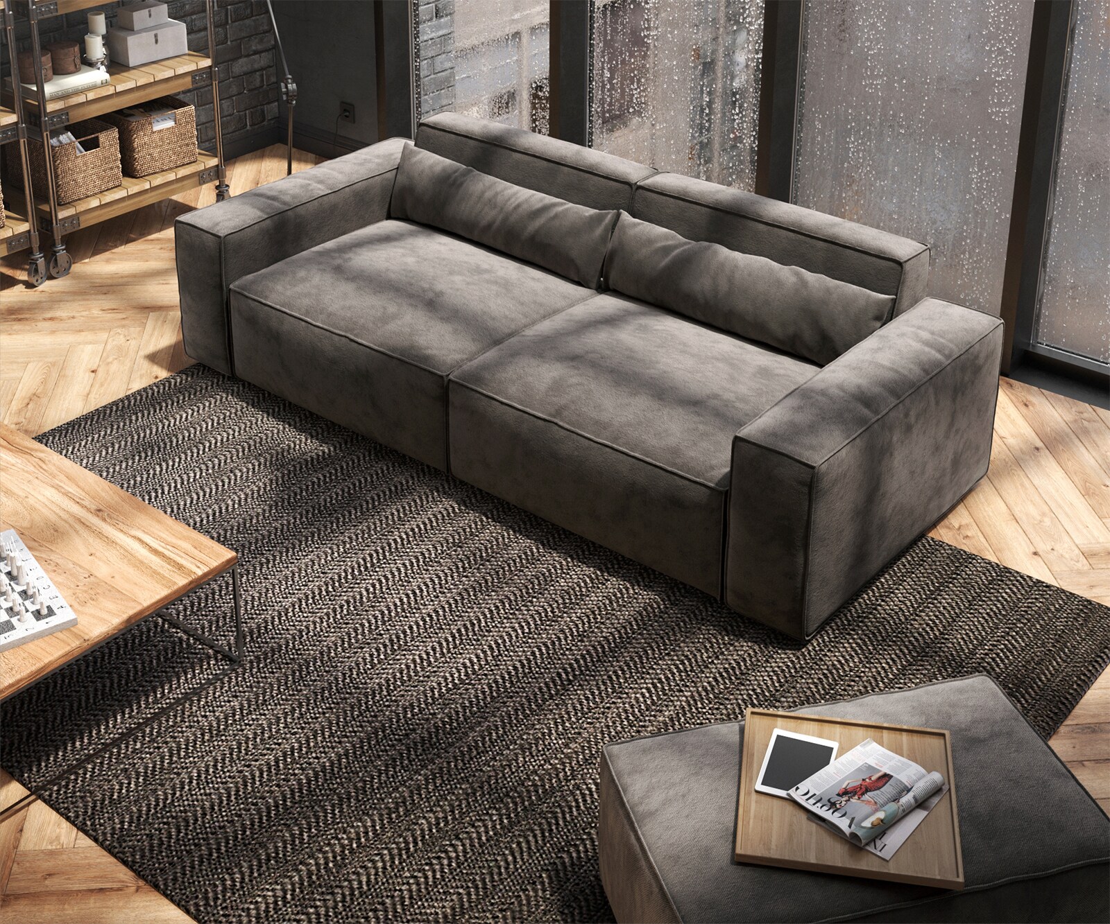 Grand Canapé Sirpio 230x95 cm Microfibre Marron Kaki avec Tabouret 3