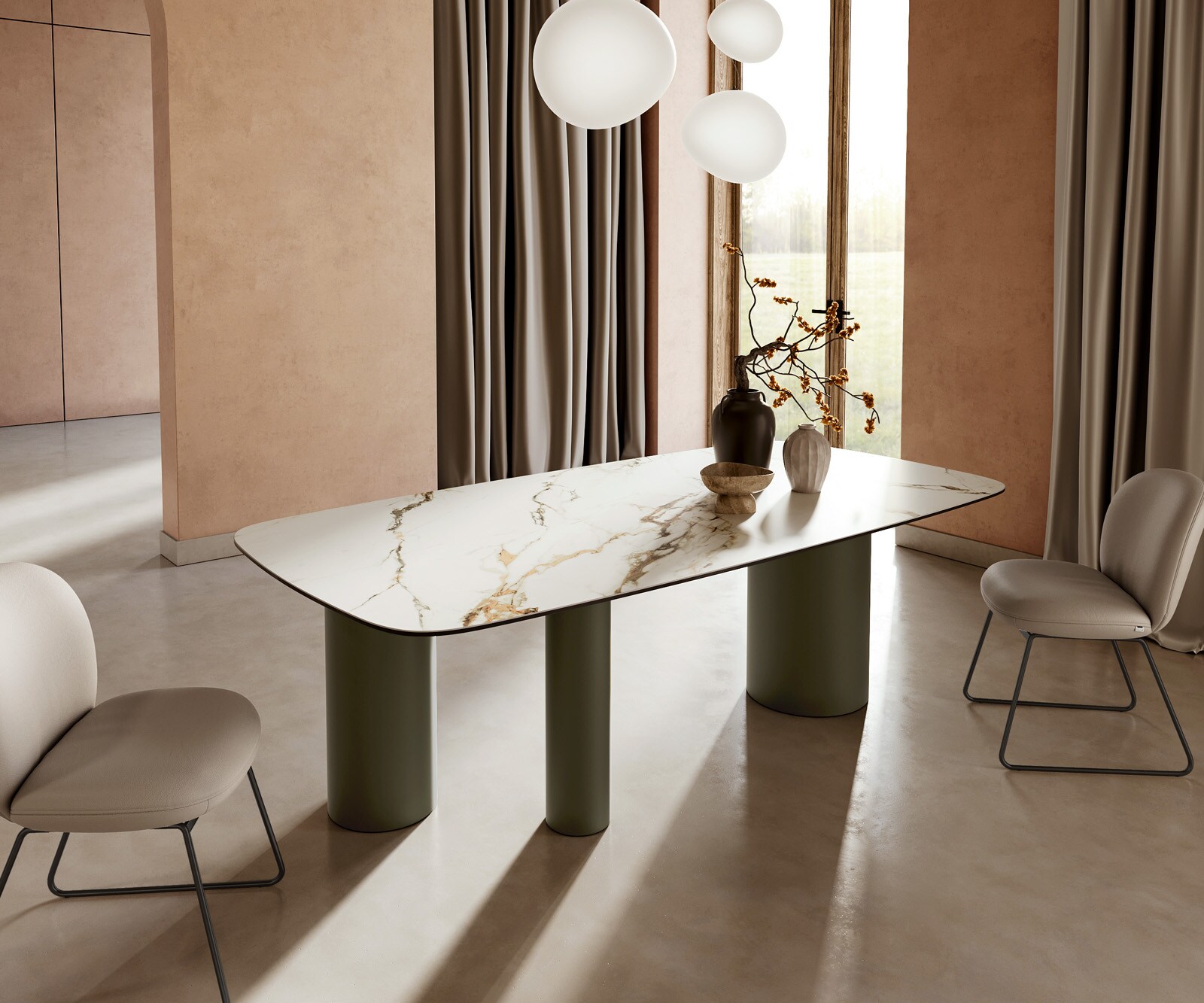 Table à manger Edge Boot 240x120cm céramique Calacatta Luxe blanc-doré-gris Troa métal effet titane 1