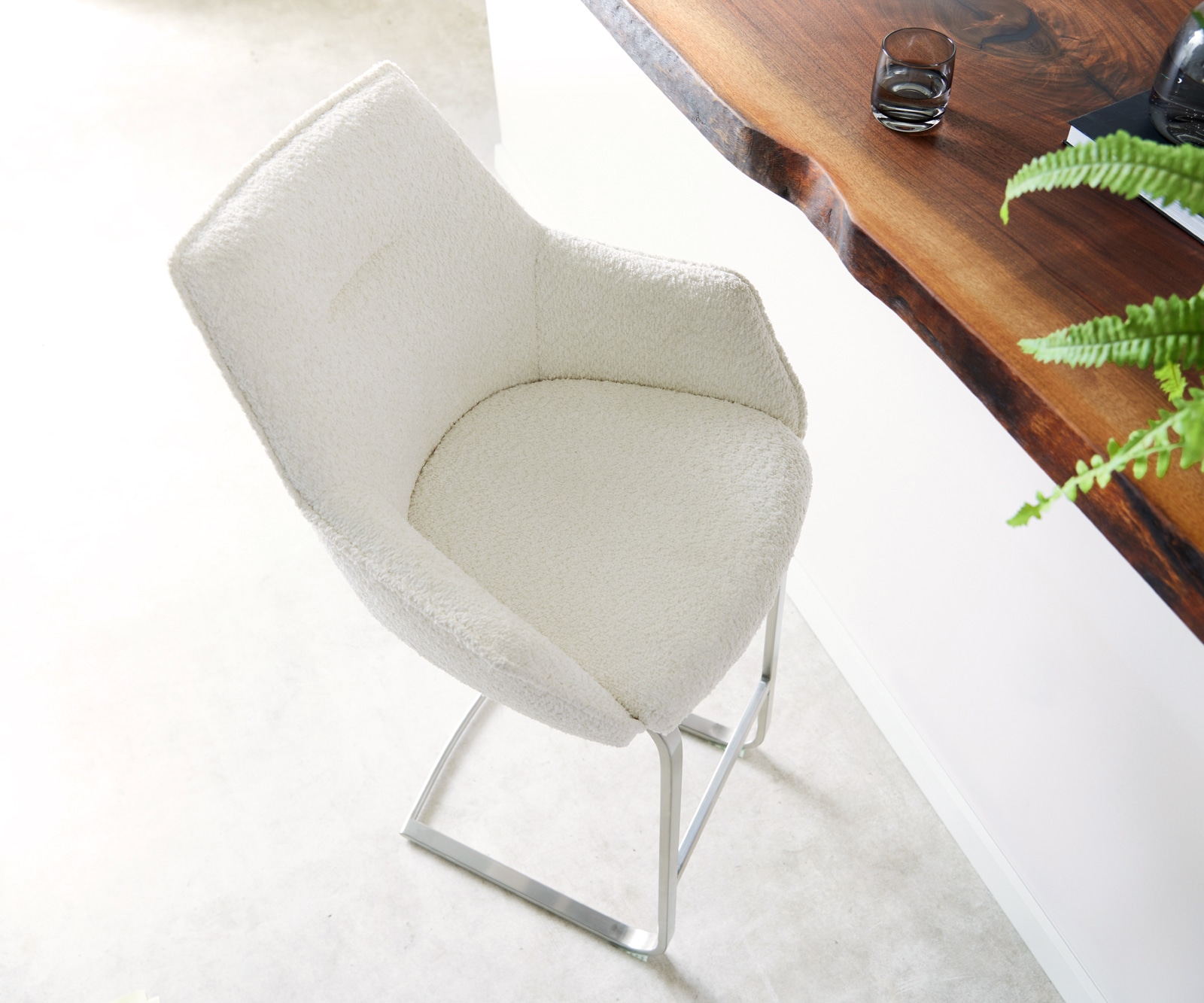 Chaise-de-bar Alja-Flex Bouclé Blanc cadre luge plat Acier inoxydable Ressorts ensachés 4