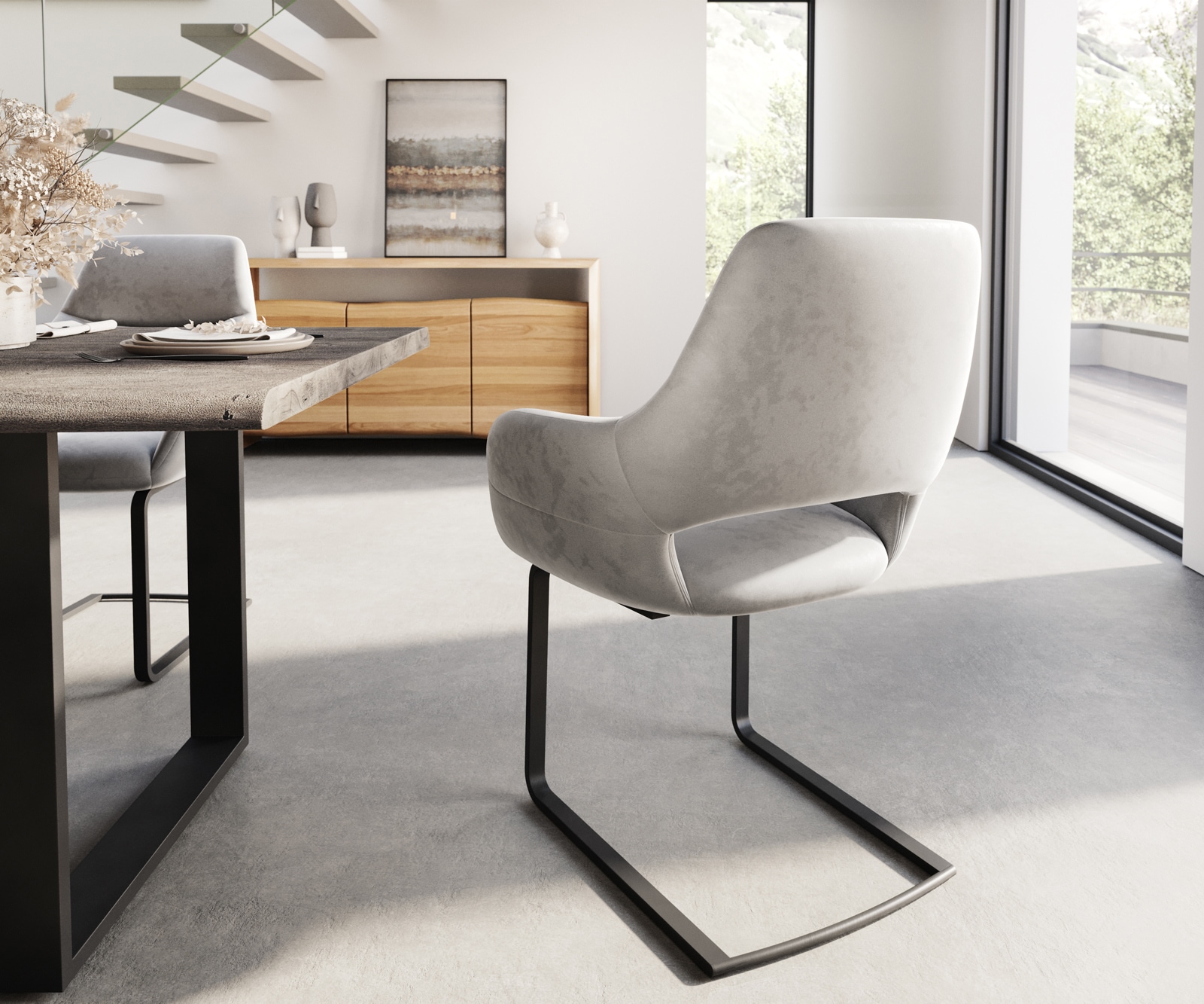 Cantilever Yago-Flex avec accoudoirs velours gris pied cantilever plat noir ressorts ensachés 4 Cantilever Yago-Flex avec accoudoirs velours gris pied cantilever plat noir ressorts ensachés 4