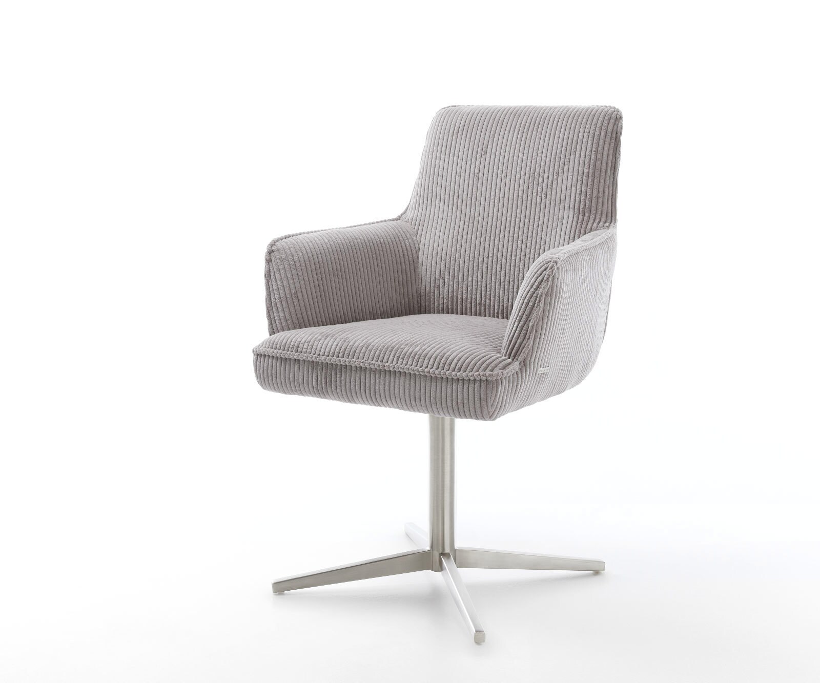 Chaise-pivotante Heira-Flex avec accoudoirs côtelé gris argenté pied de chaise 4 branches acier inoxydable brossé pivotement sur 360° ressorts ensachés